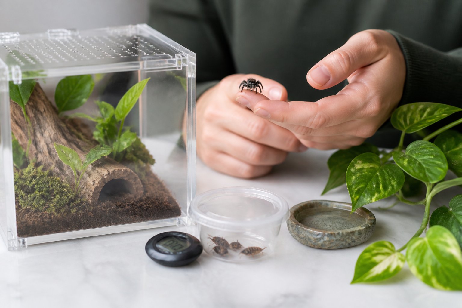 A person holding a small jumping spider near a table with a terrarium, live insects, water dish, and plants prepared for the spider’s habitat.
