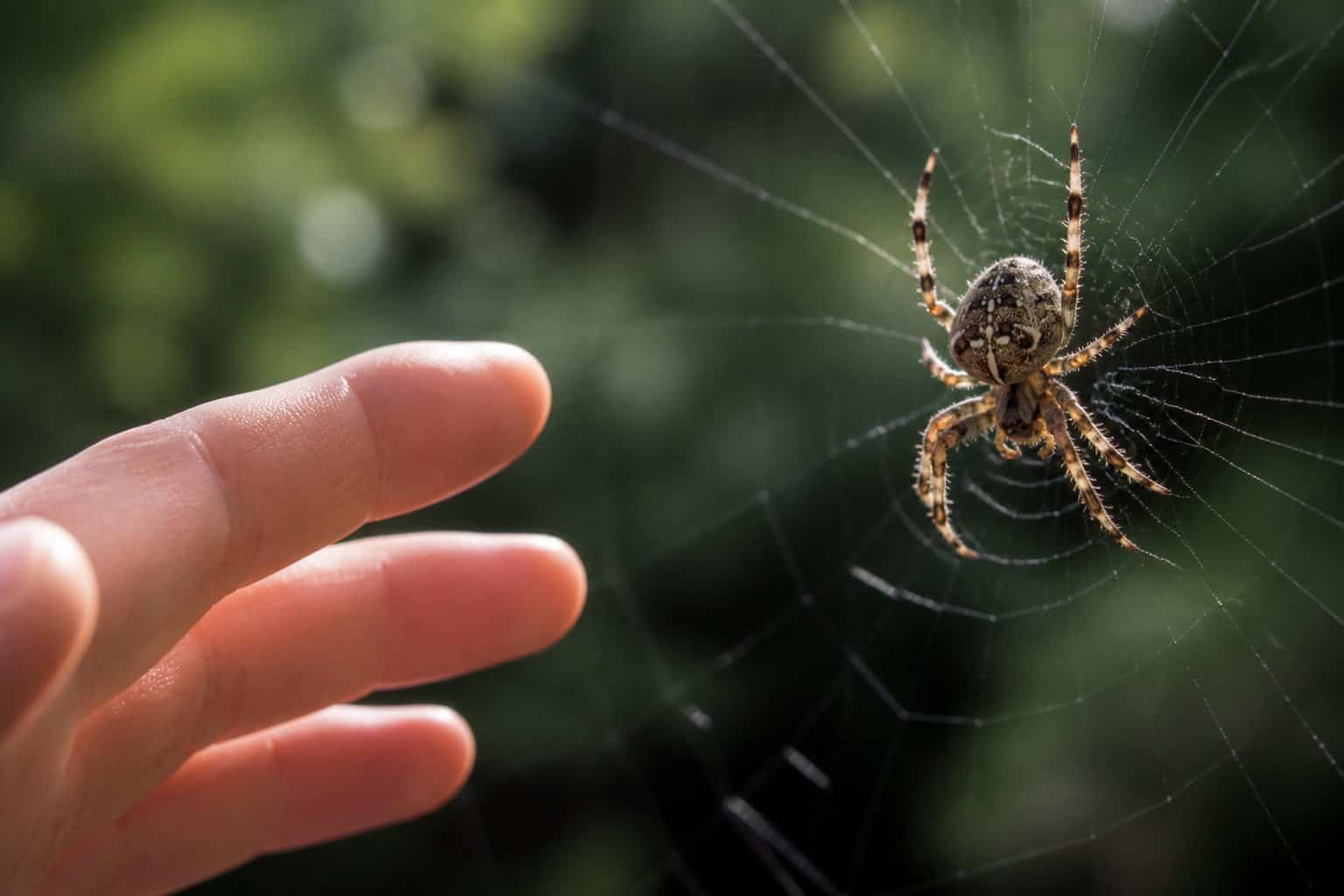 A spider on its web with a human hand gently reaching towards it outdoors.