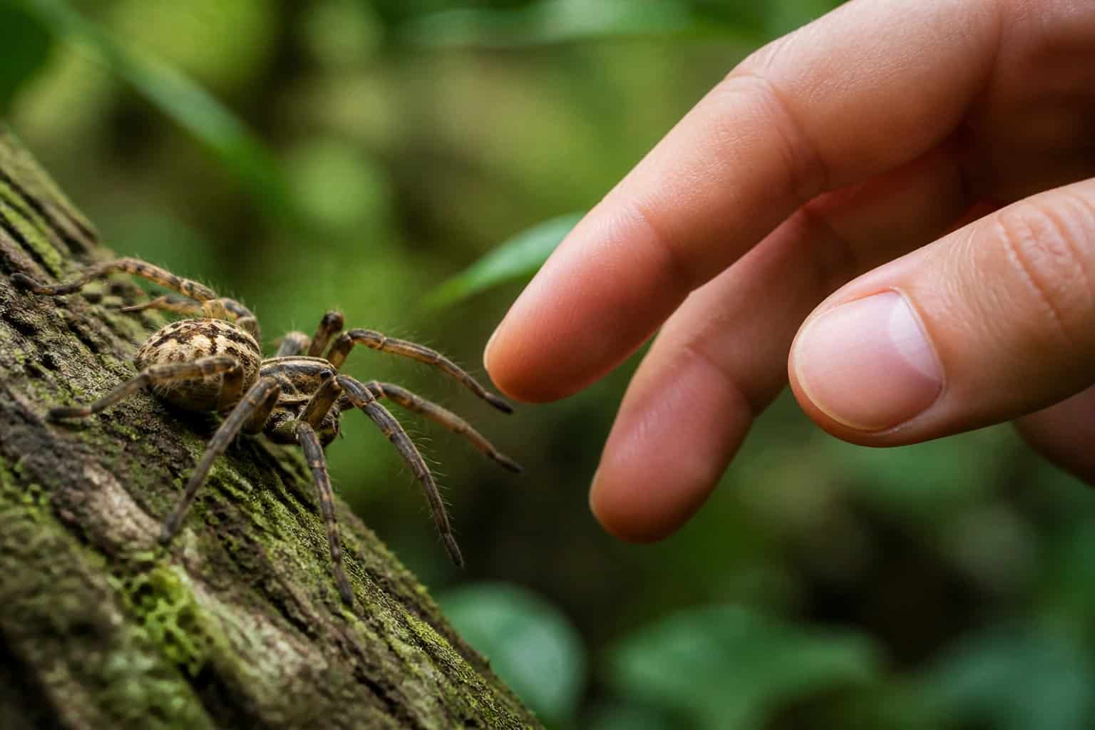 A close-up of a human hand gently reaching toward a spider on a leaf with a blurred green background.