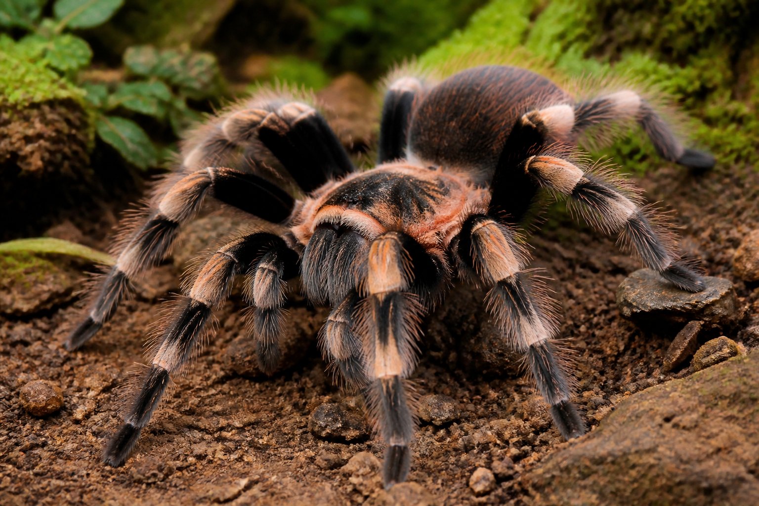 A large tarantula spider on soil with rocks and green plants in the background.