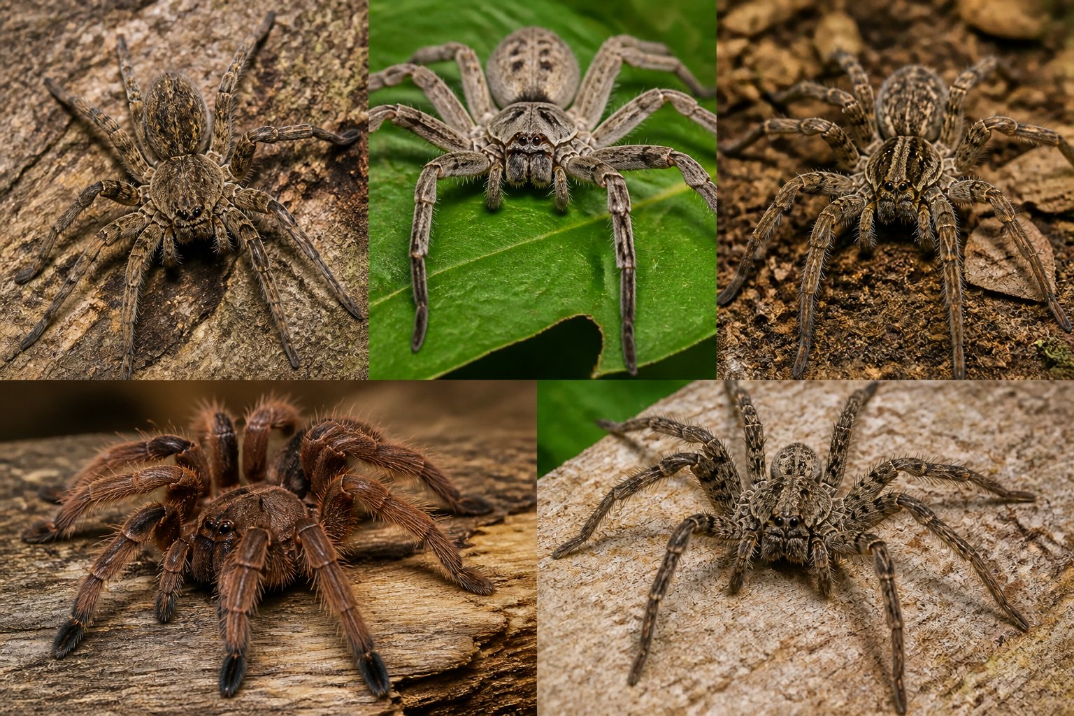 Several large, hairy spiders on natural surfaces like leaves and tree bark, showing different species that look similar to tarantulas.