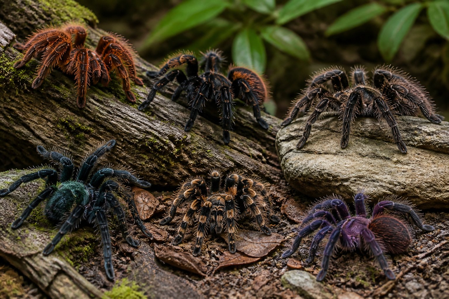 Several real tarantulas resting on natural surfaces like tree bark and forest floor in an outdoor setting.