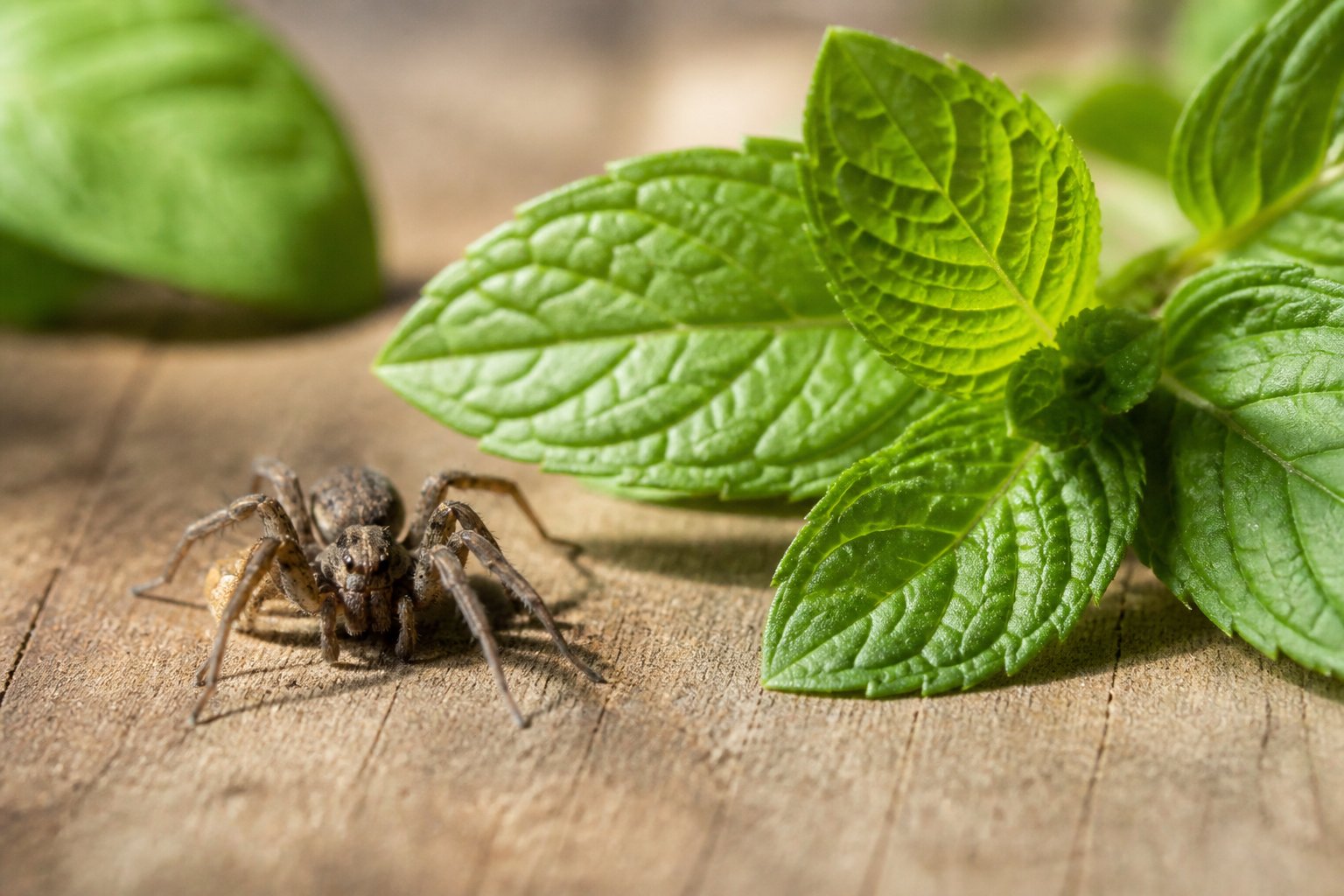 A close-up of a small spider near fresh peppermint leaves on a natural surface.