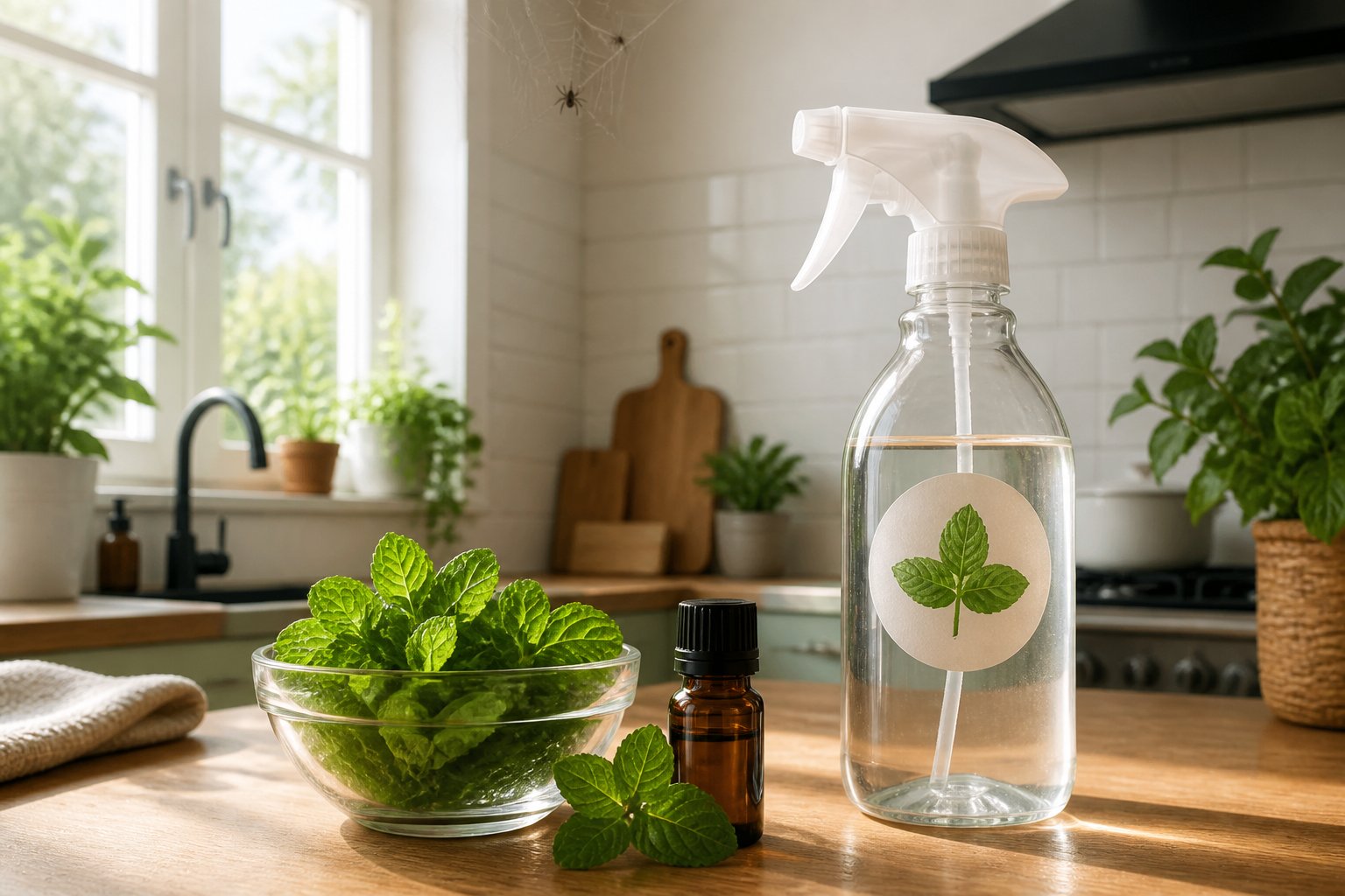 A kitchen countertop with fresh peppermint leaves, a small bowl of peppermint oil, and a spray bottle, with a spider web visible in the corner of the ceiling.