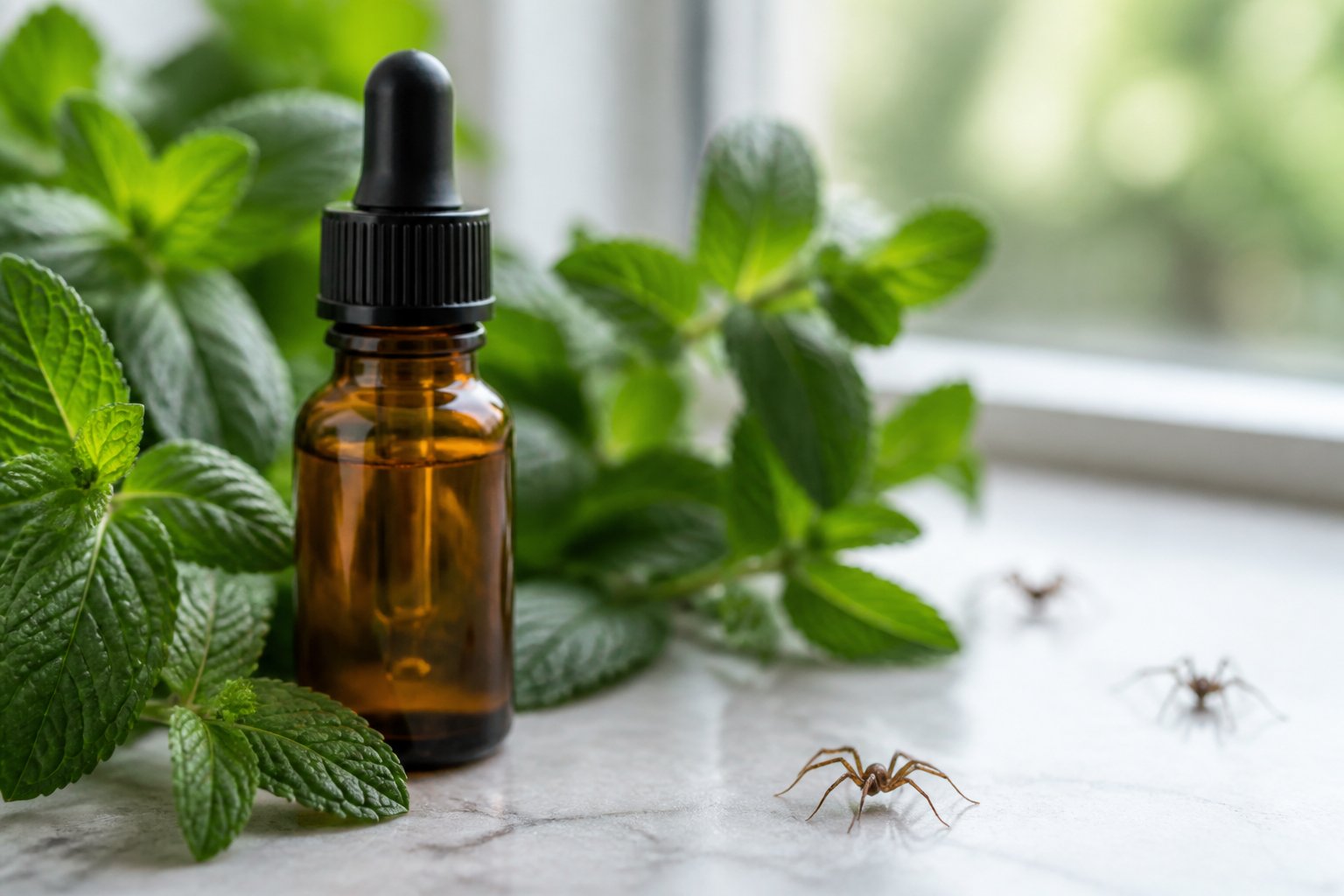 Close-up of a small bottle of peppermint oil with fresh peppermint leaves and a few small spiders on a light surface.