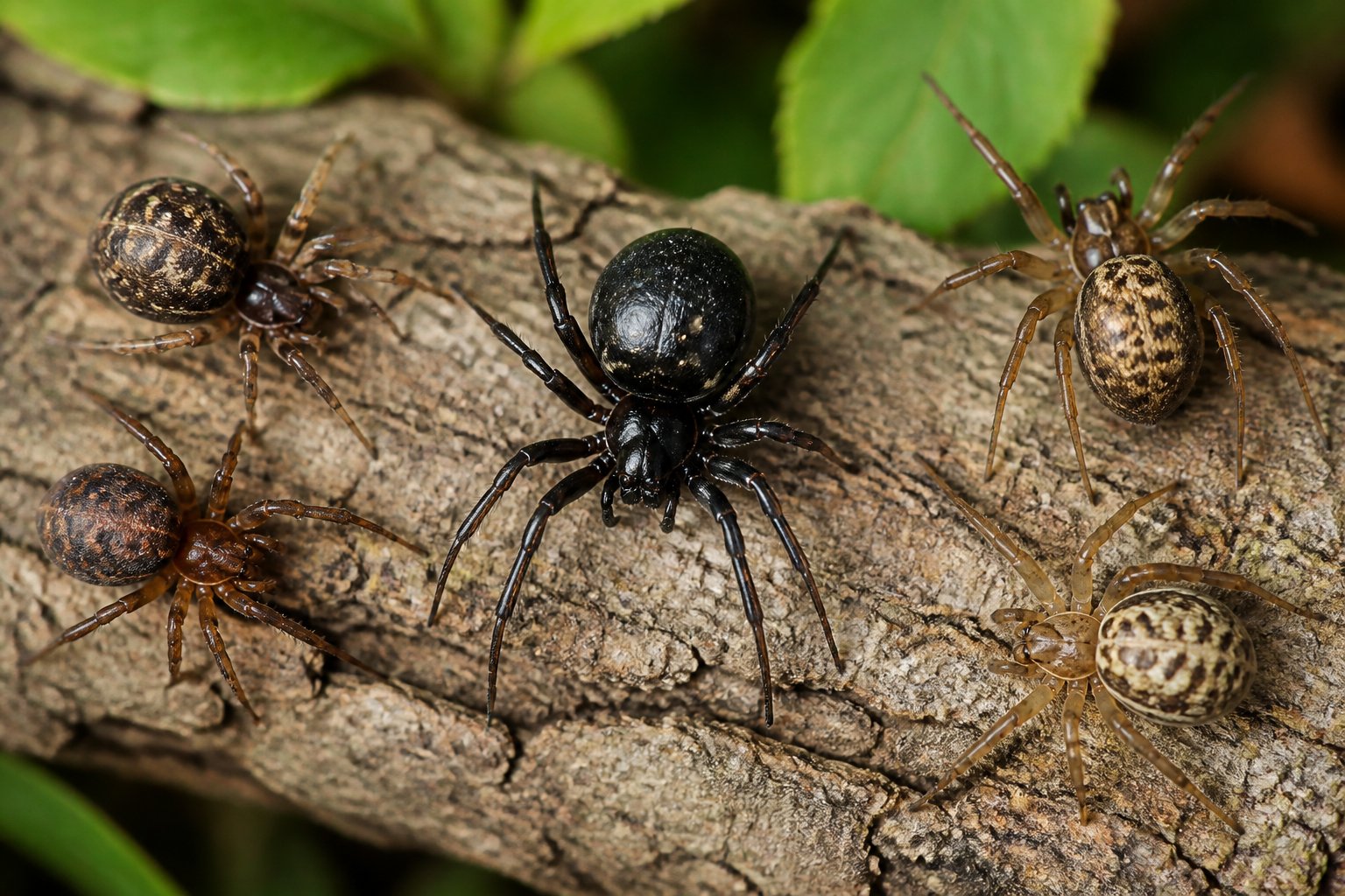 Close-up of a false widow spider surrounded by several similar spiders on natural foliage.