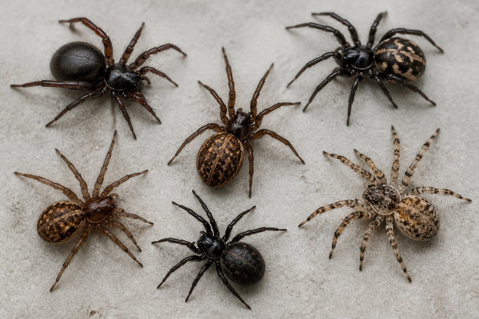 Close-up image showing several different spiders with dark, glossy bodies and varying shapes that are often confused with the false widow spider.