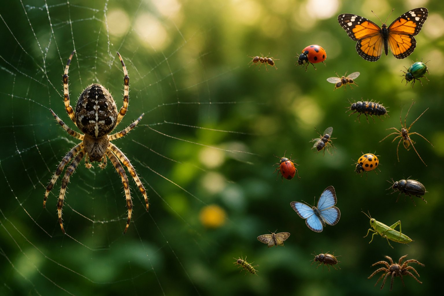 A close-up of a spider on one side and a variety of small insects on the other side against a blurred natural background.
