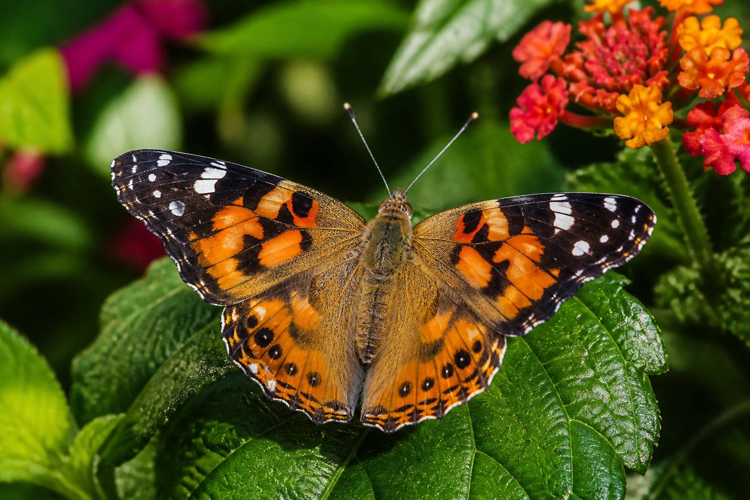 A colorful butterfly with open wings resting on a green leaf surrounded by greenery and flowers.