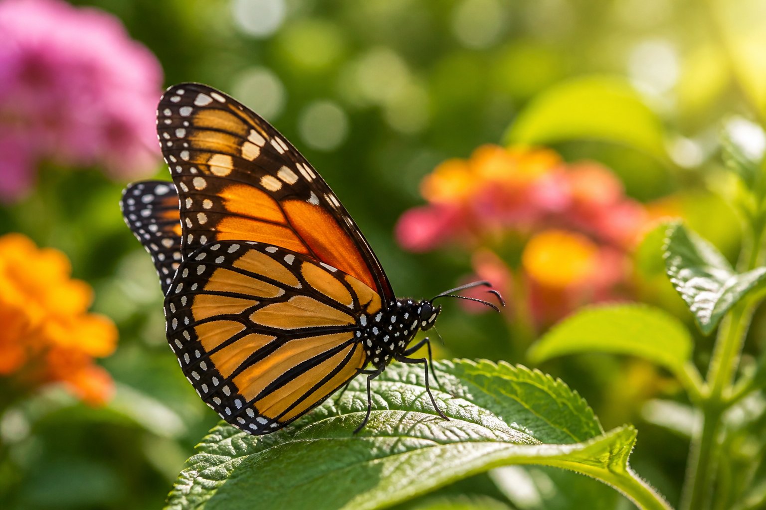 A close-up of a colorful butterfly resting on a green leaf in a sunlit garden with blurred flowers in the background.