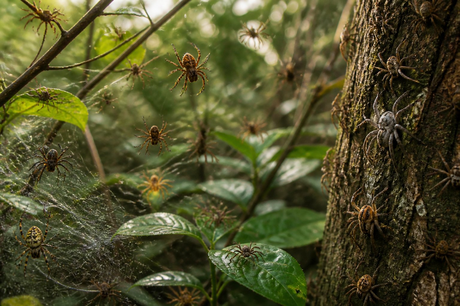 Close-up of multiple spiders on webs and plants in a natural outdoor setting with greenery and tree bark.
