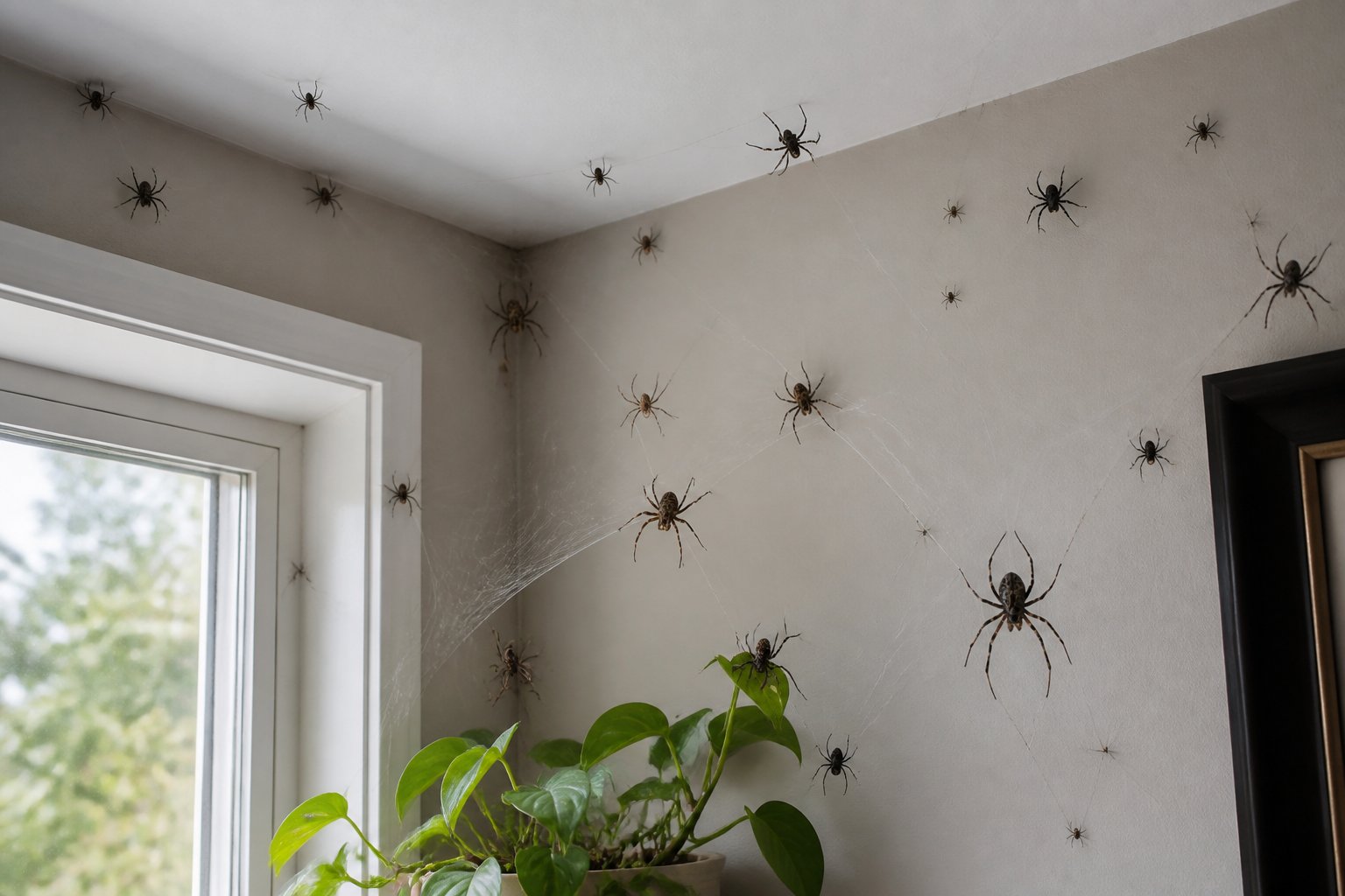 Interior corner of a home with several spiders on webs and walls, showing more spiders than usual inside the room.