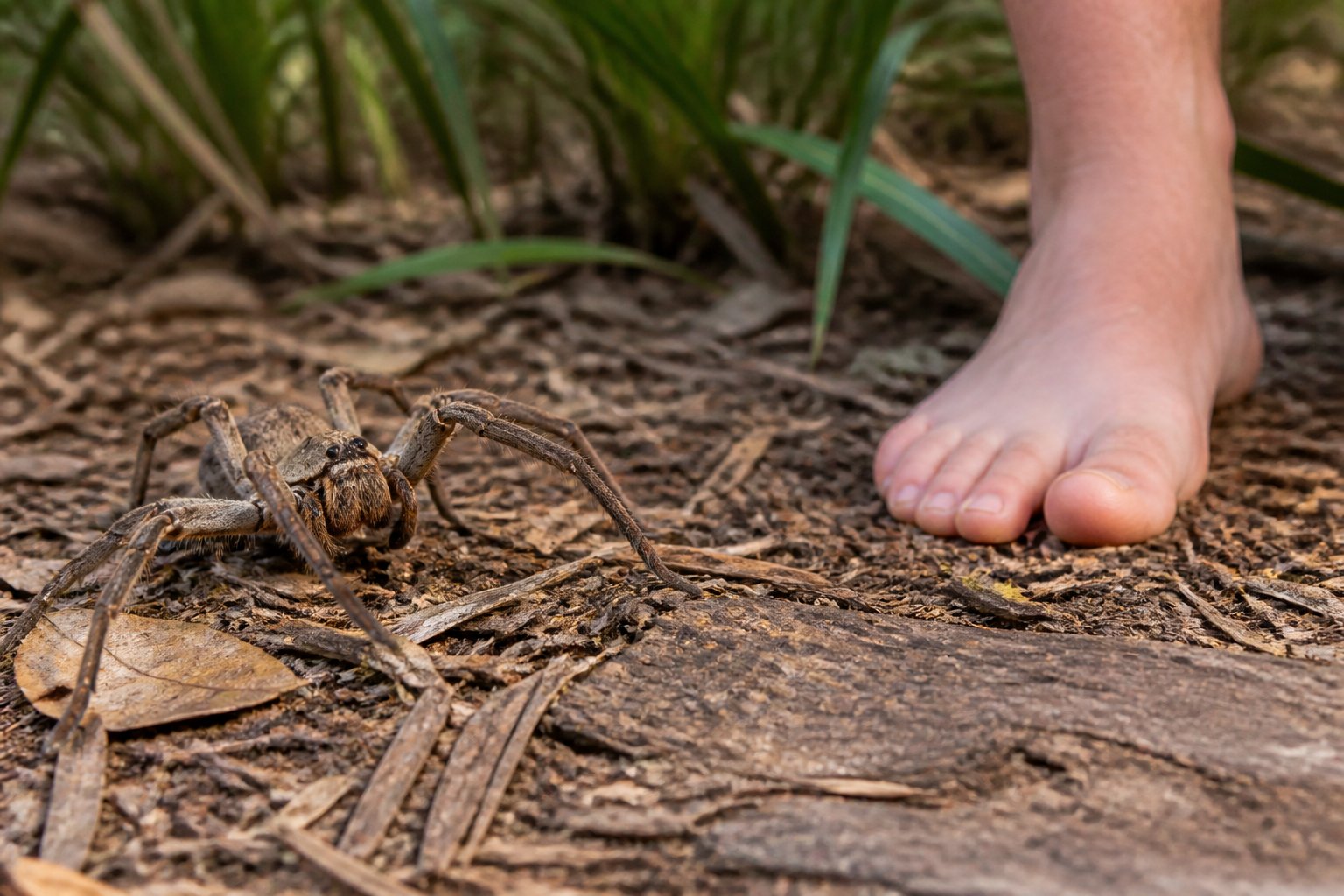 Close-up of a large Australian spider near a human hand outdoors with natural background.