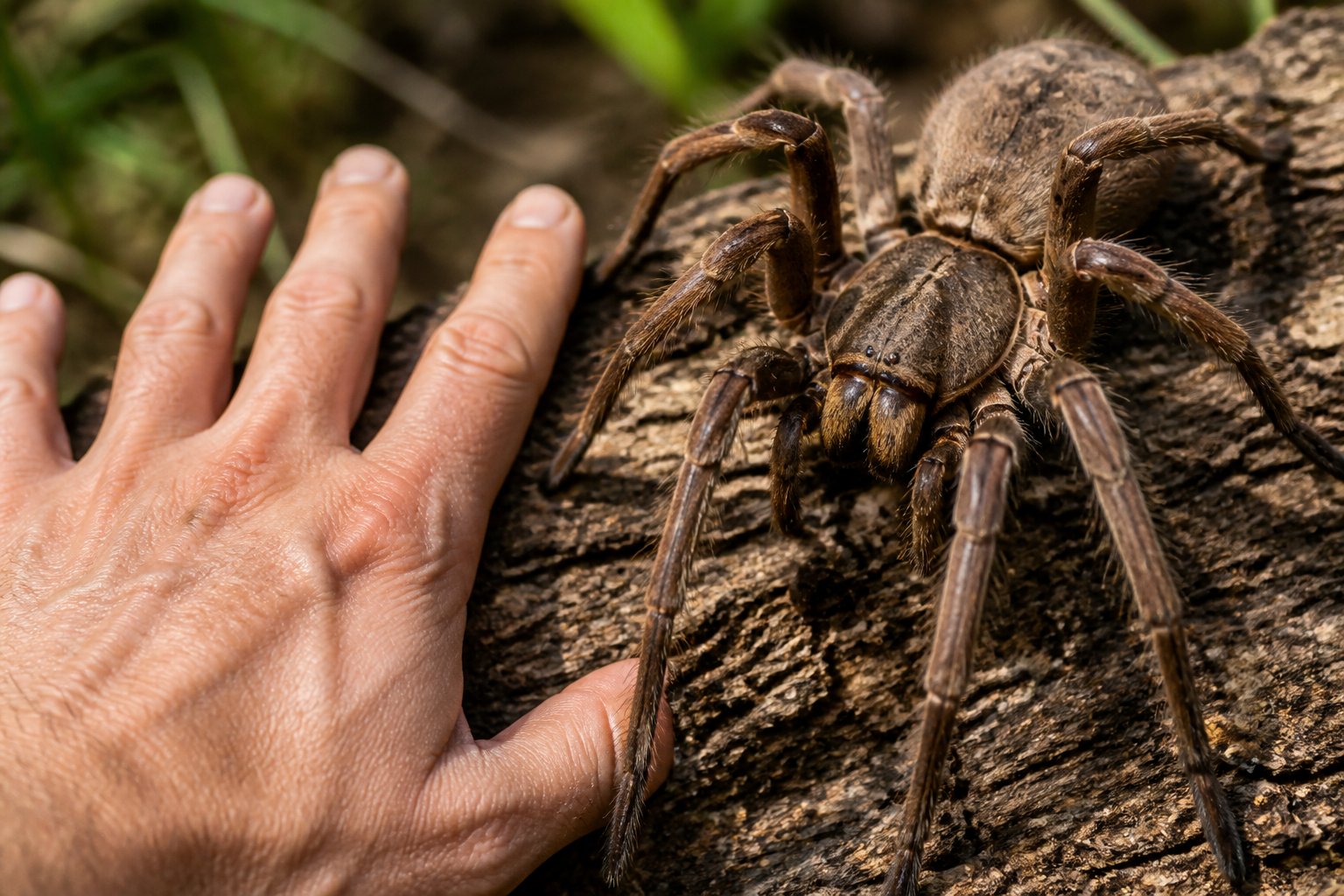 A close-up view of a large Australian spider next to a human hand on a natural surface, showing the size difference.