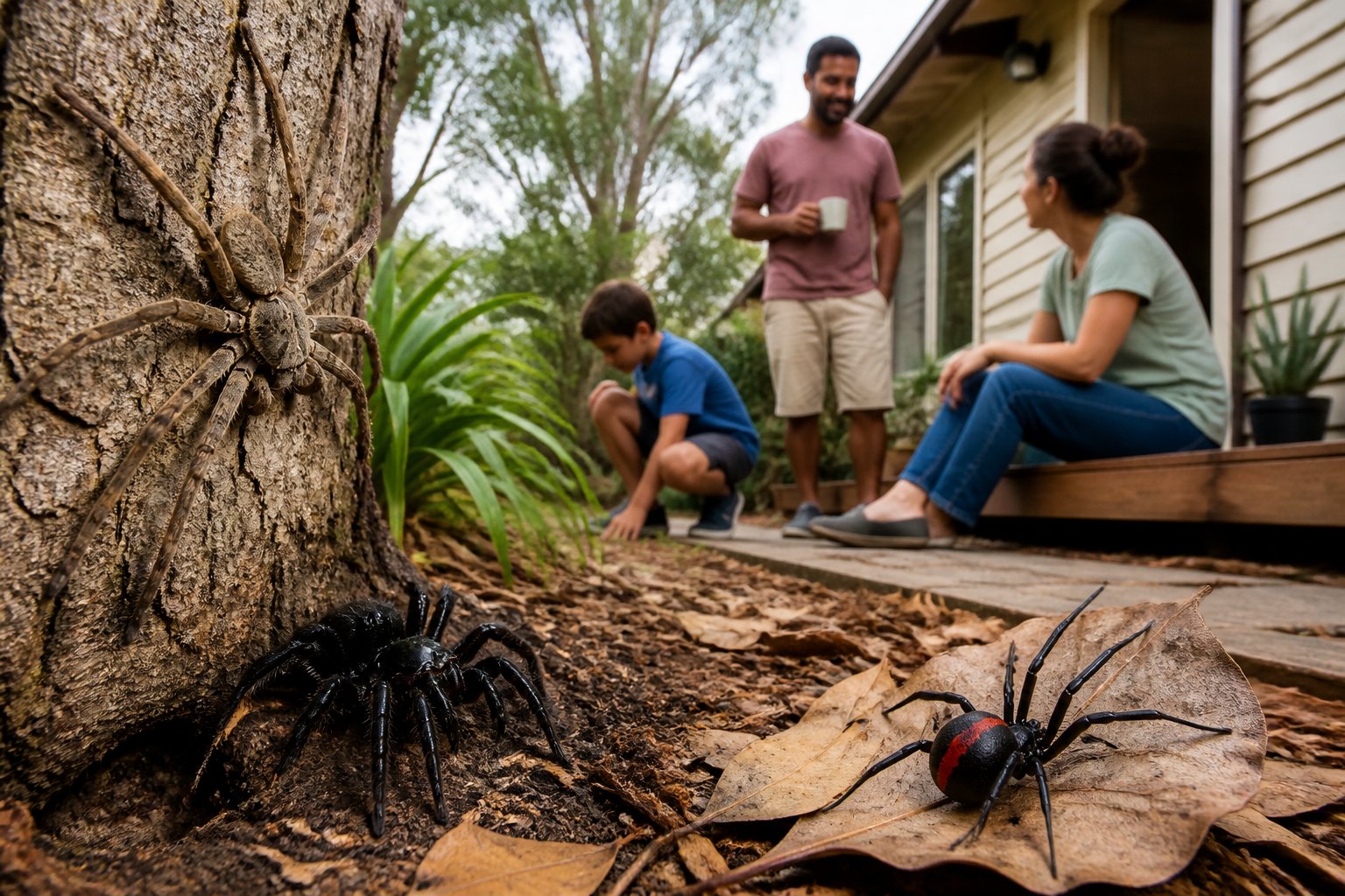 A close-up scene showing Australian spiders near natural home and garden settings with people nearby outdoors.