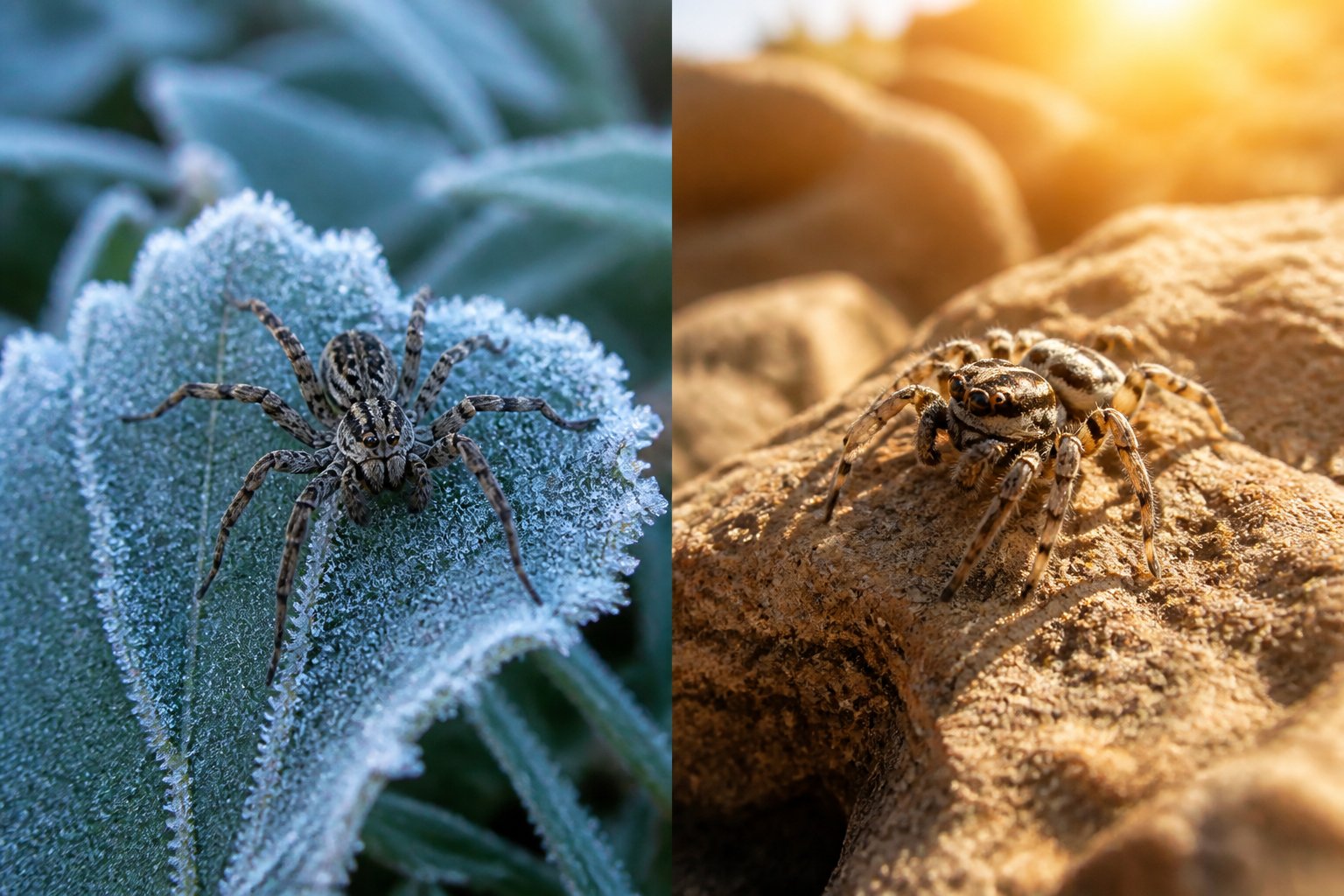 Two different spiders shown in their natural environments, one on a frosty leaf and the other on a sunlit warm rock.