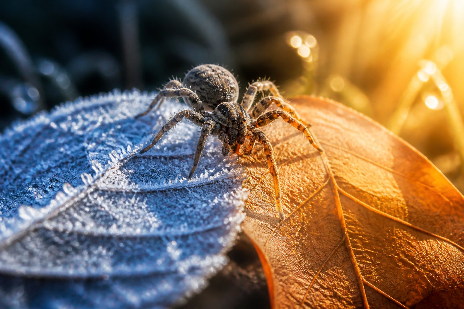 Close-up of a spider on a leaf showing icy frost on one side and warm sunlight on the other.