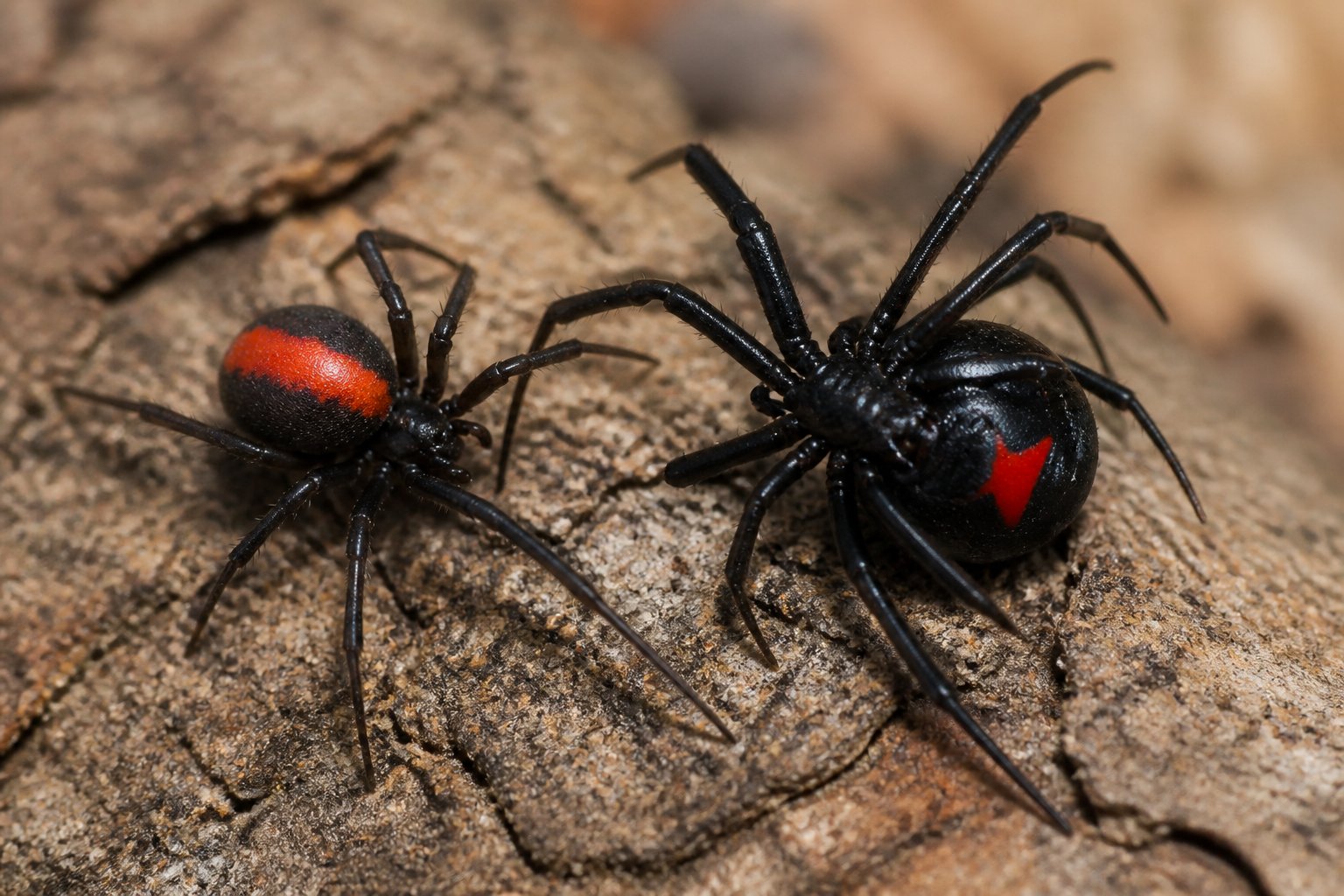 Close-up of a redback spider and a black widow spider side by side on a natural surface.