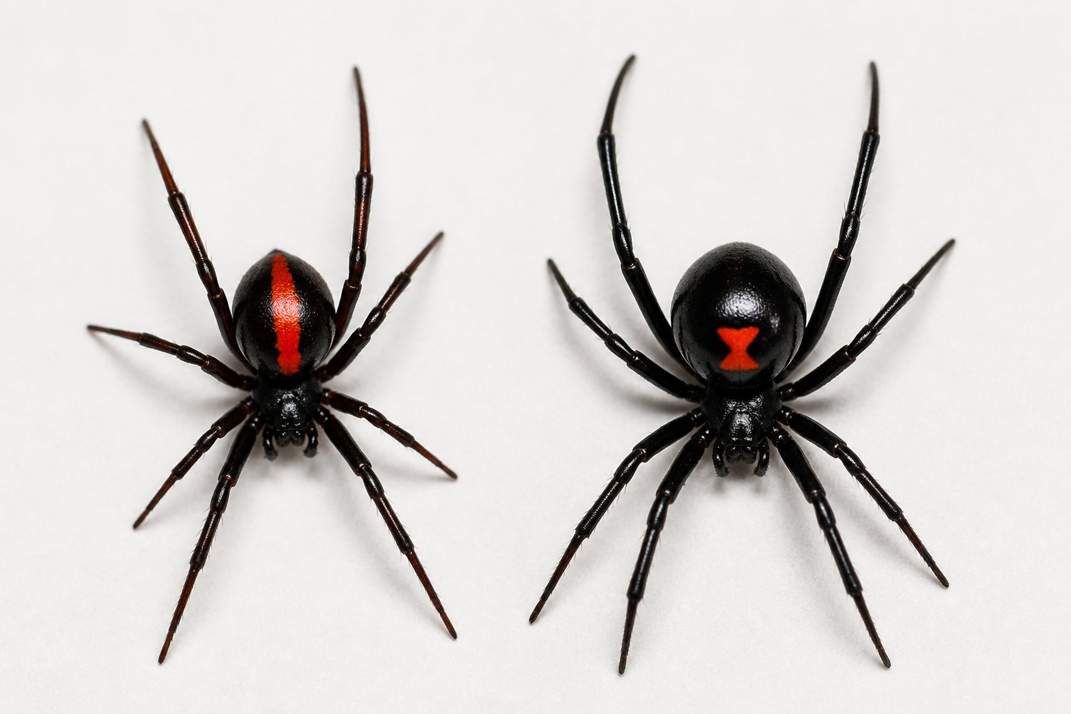 Close-up image showing a redback spider and a black widow spider side by side on a light background.