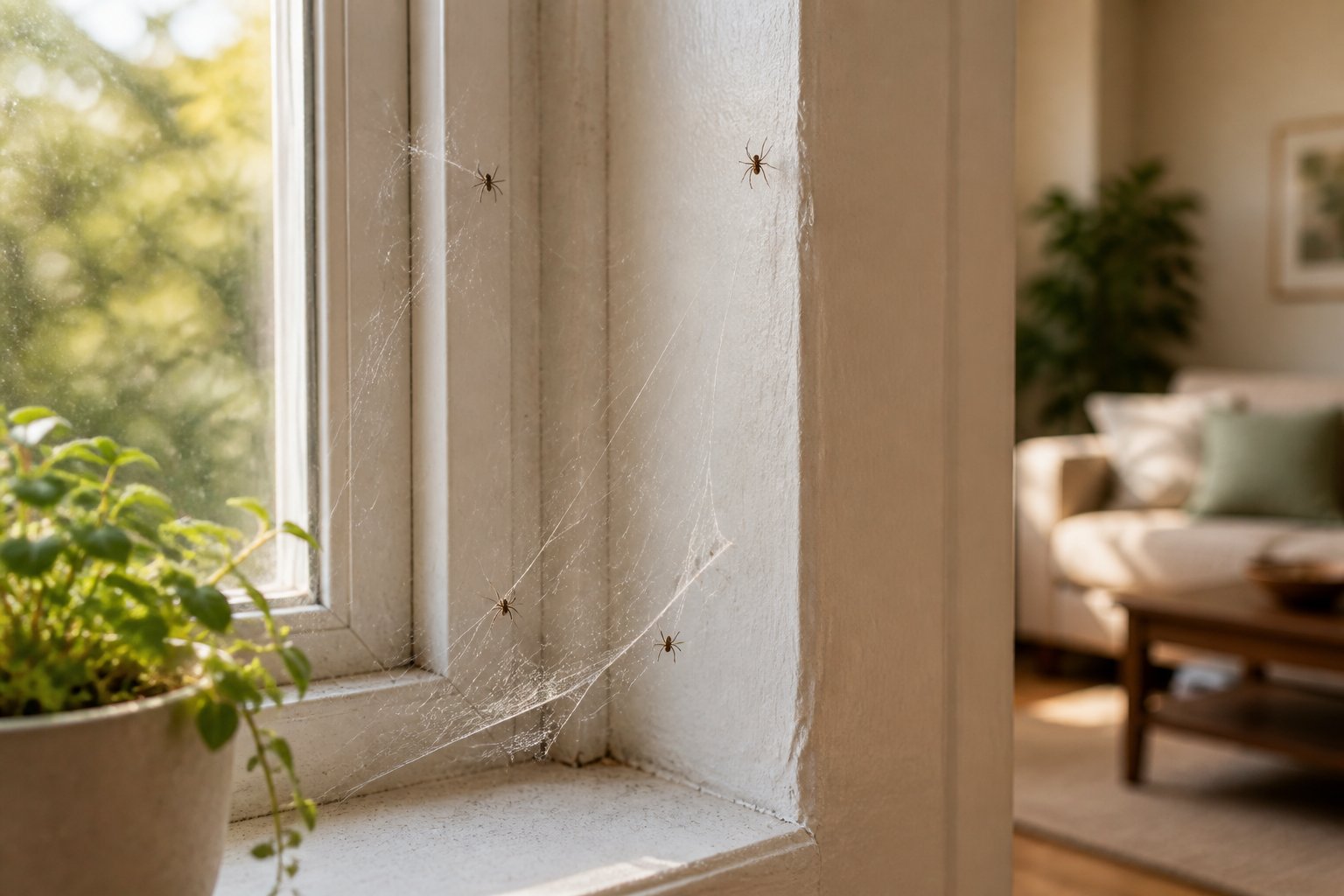 Close-up of a window corner inside a home with spider webs and small spiders visible on the webs.