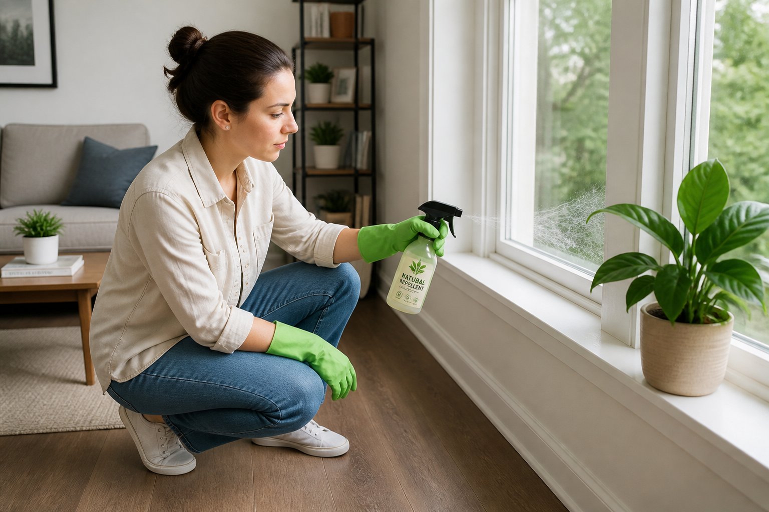 Person spraying natural repellent on window sills in a clean living room to reduce spider activity indoors.