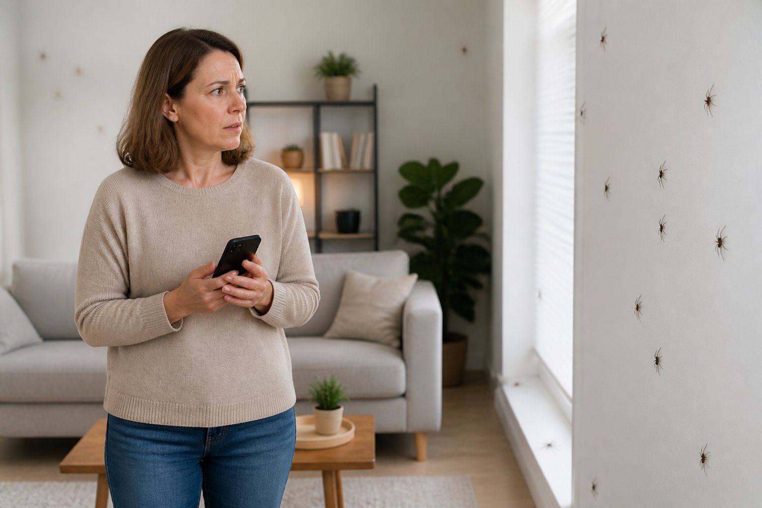 A woman in a living room looking worried at several spiders on the wall near a window.