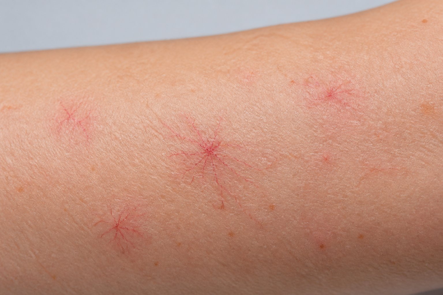 Close-up of a human arm showing small red spider-like blood vessels on the skin.