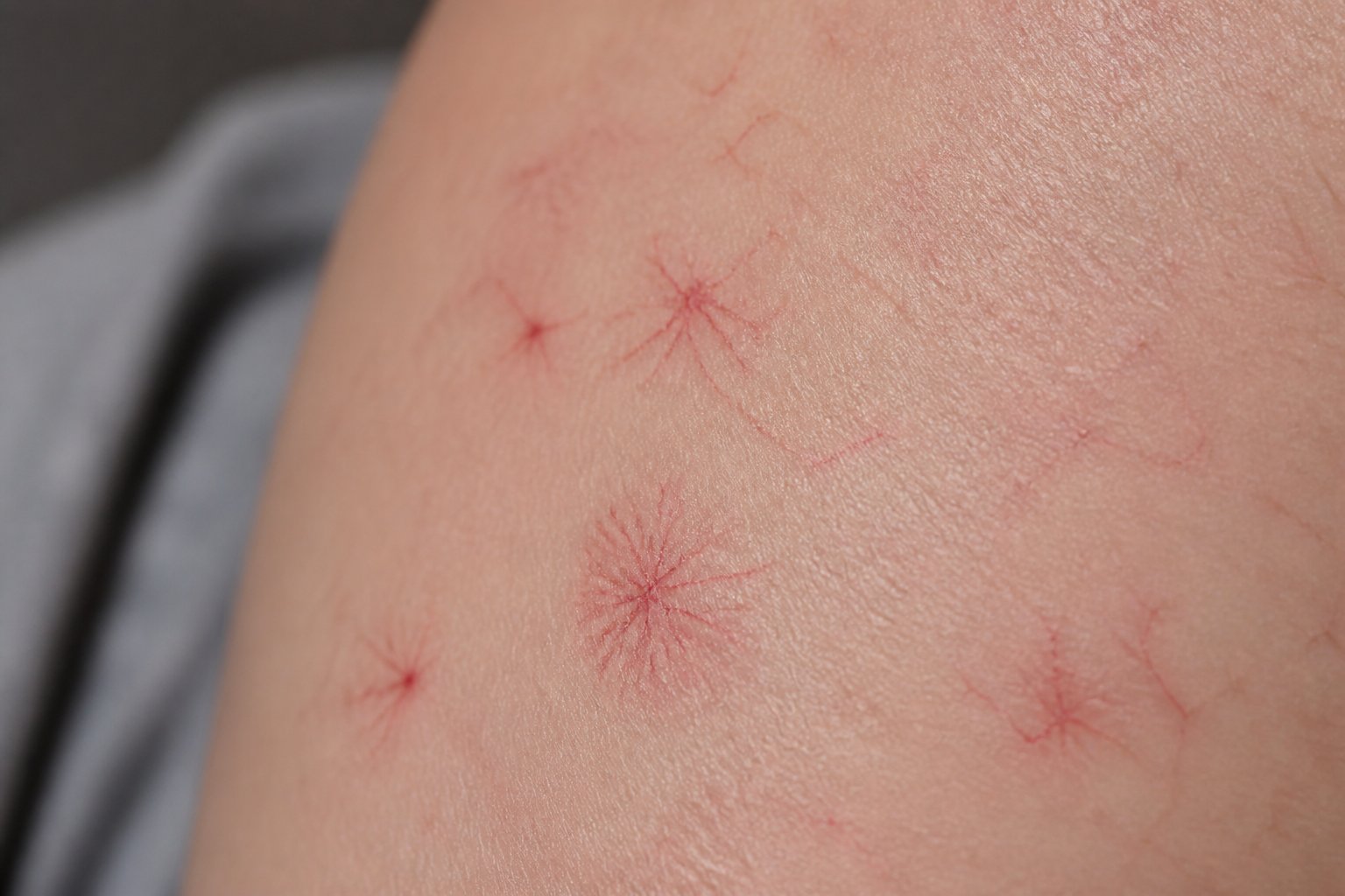 Close-up of human skin showing small red spider angiomas with visible radiating blood vessels.