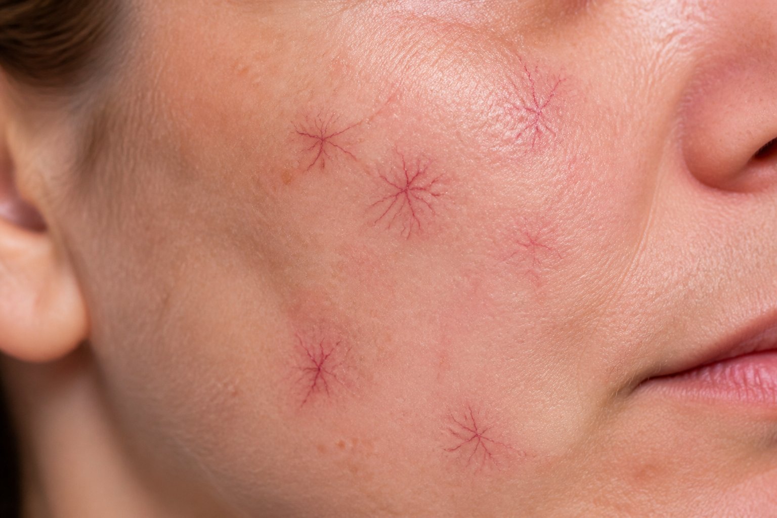 Close-up of human skin showing small red spider-like blood vessels under the surface.