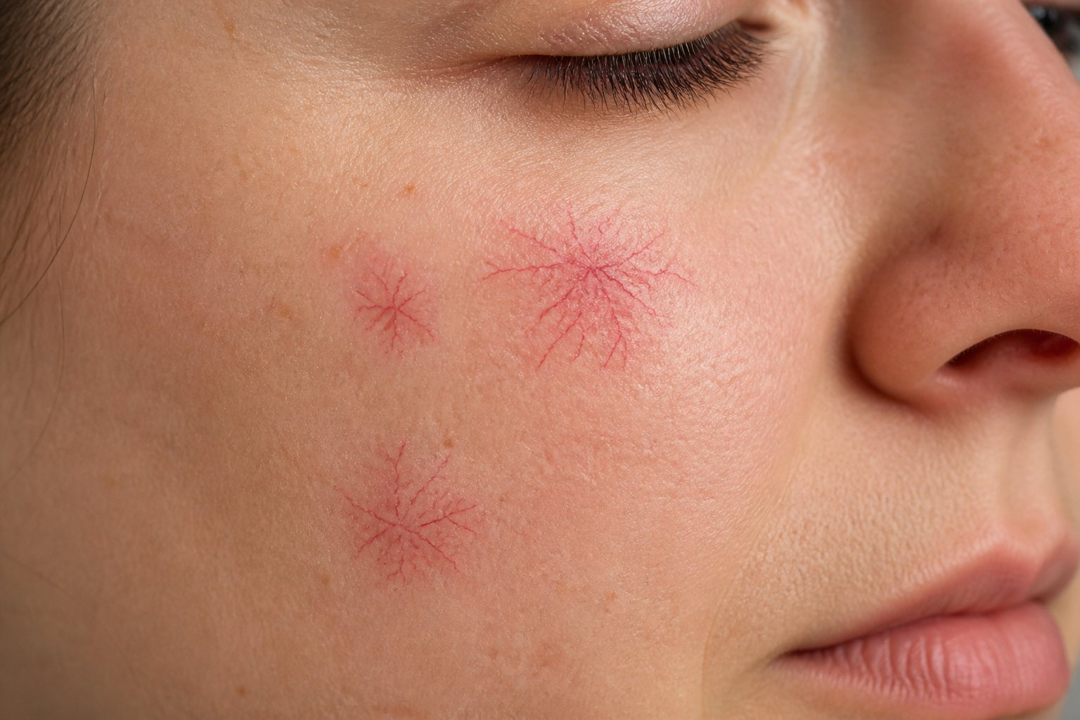 Close-up of a person's skin showing small red spider-like blood vessels typical of spider angioma.