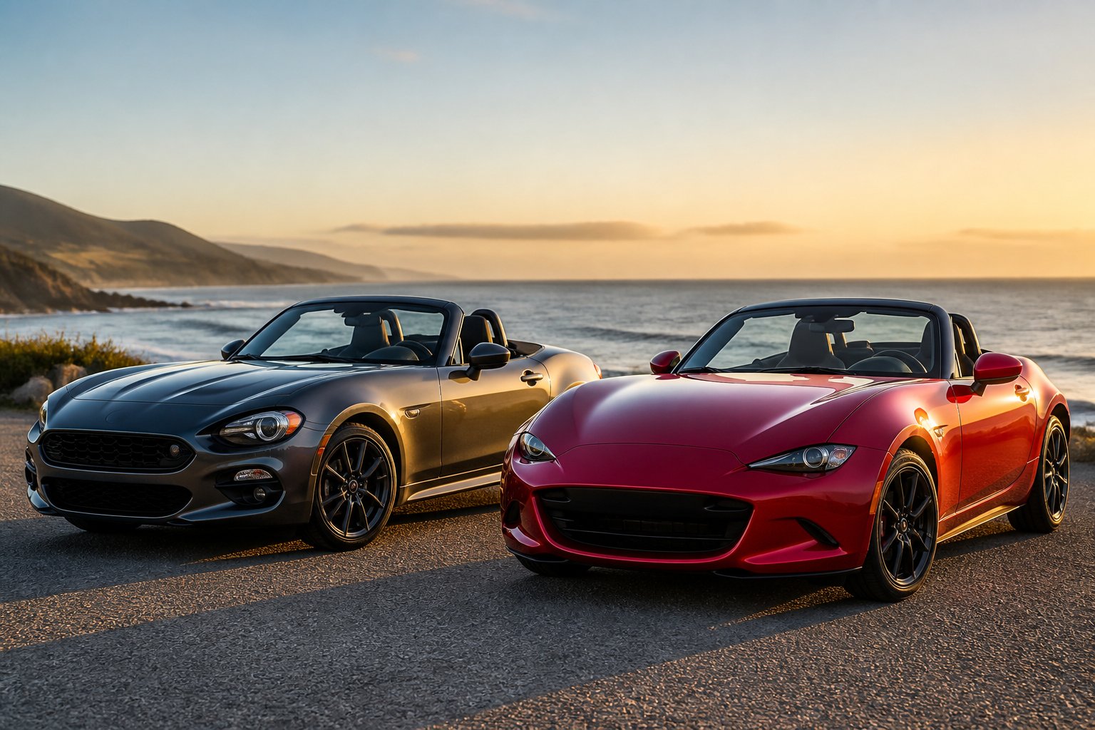 Two compact convertible cars parked side by side on a coastal road with the ocean and sky in the background.