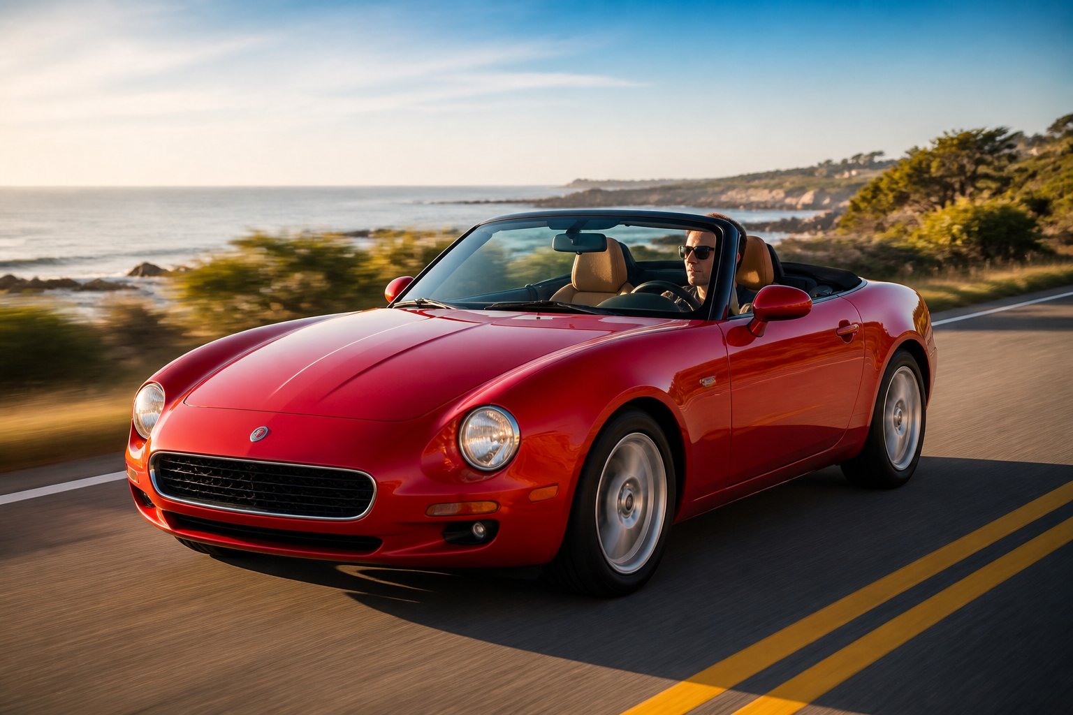 A red convertible sports car driving along a coastal road with ocean and greenery in the background.