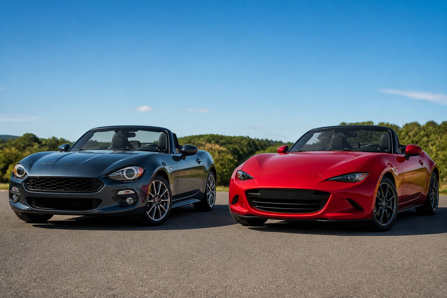 Two sporty convertible cars parked side by side outdoors with tops down, showing their design details and features.