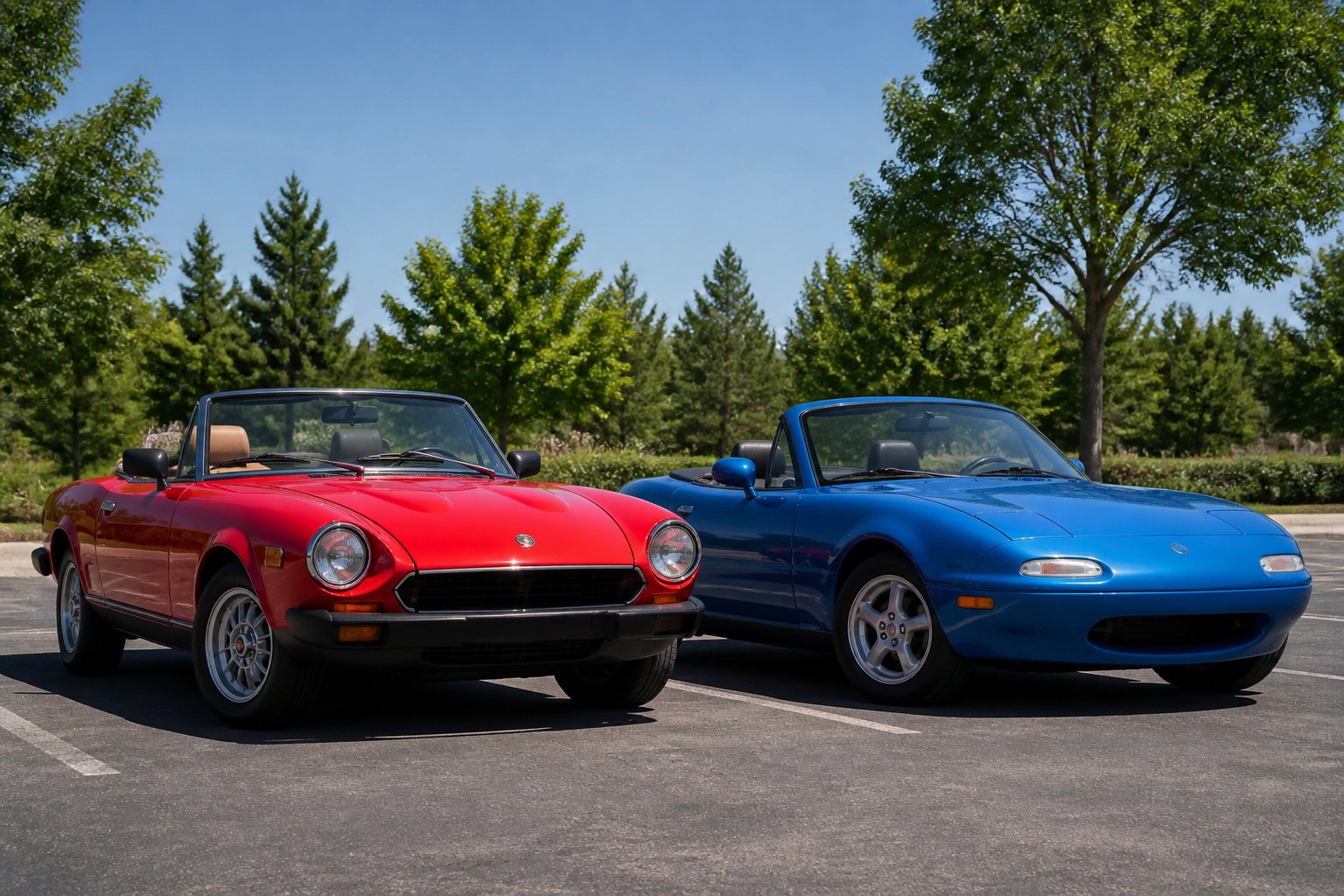 Two classic convertible sports cars, a red Fiat Spider and a blue Mazda Miata, parked side by side outdoors on a sunny day.