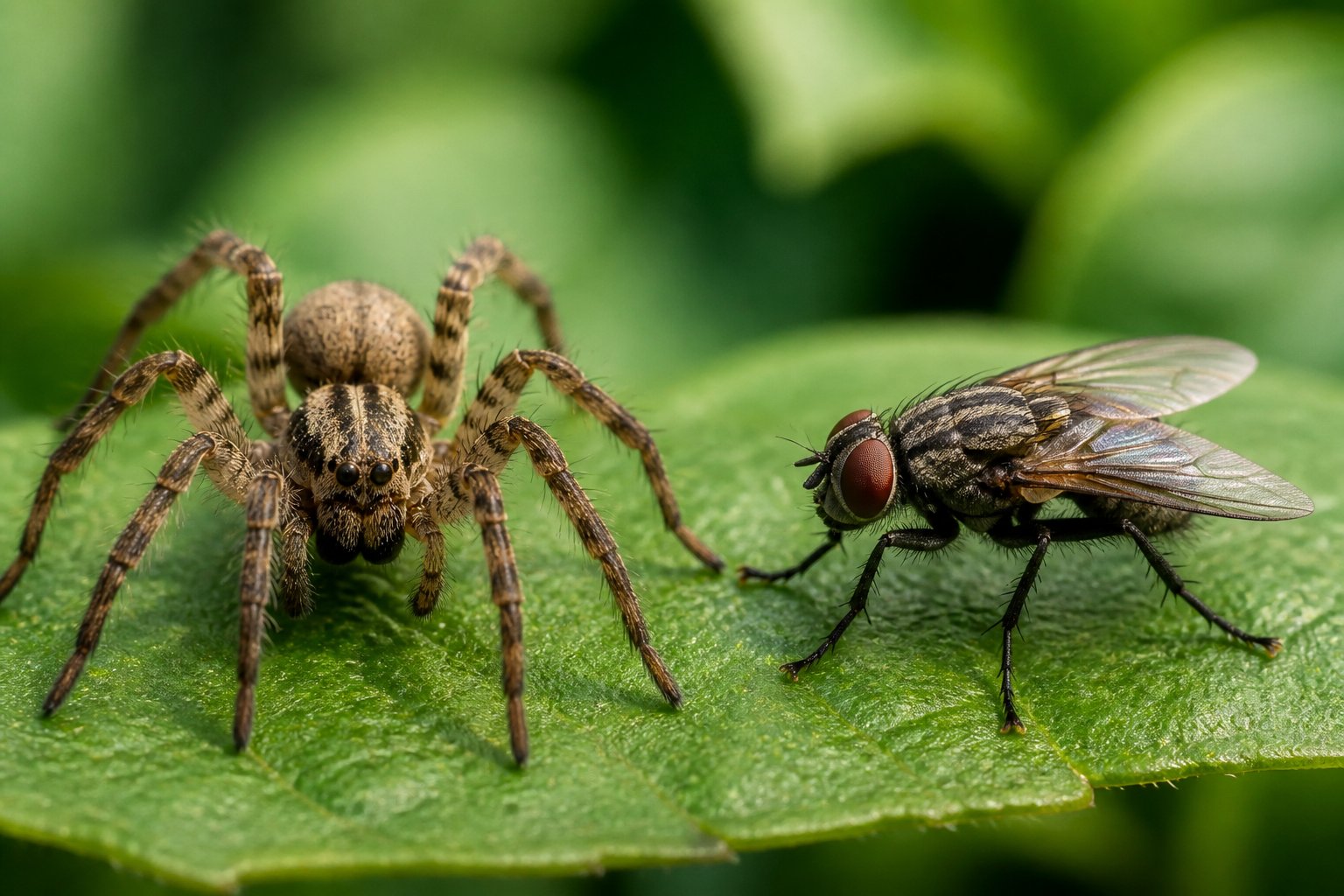 Close-up view of a spider and an insect side by side on green leaves, showing their different body structures and number of legs.