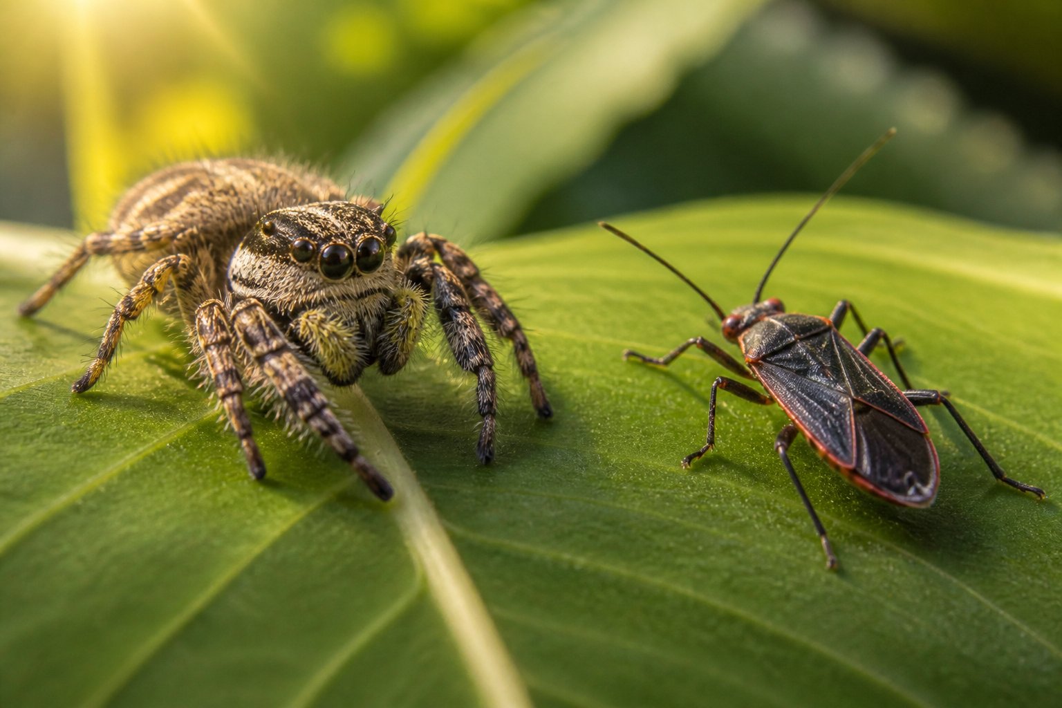 Close-up image showing a spider and an insect side by side on green leaves in natural light.