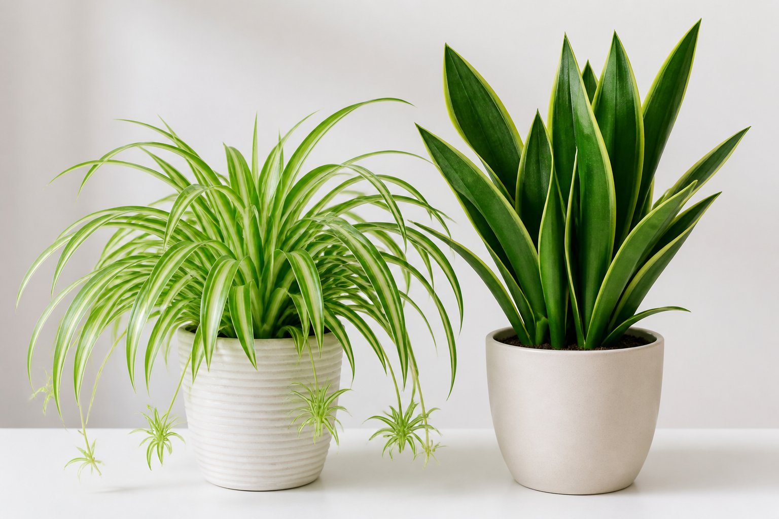 Two potted houseplants side by side, one with long arching striped leaves and small offshoots, the other with upright sword-shaped green leaves.