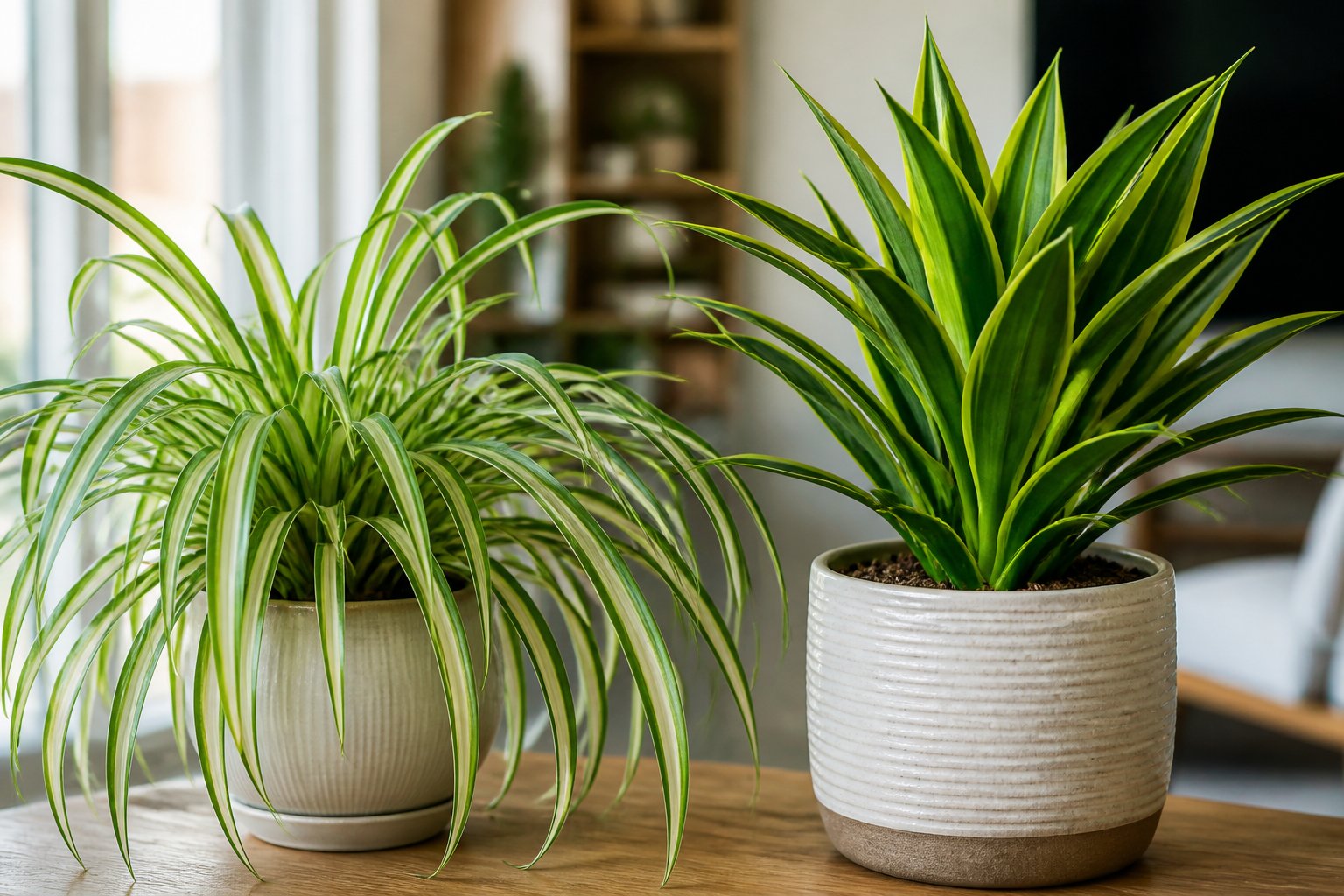 Close-up of a spider plant and a dracaena plant side by side indoors on a wooden surface with natural light.