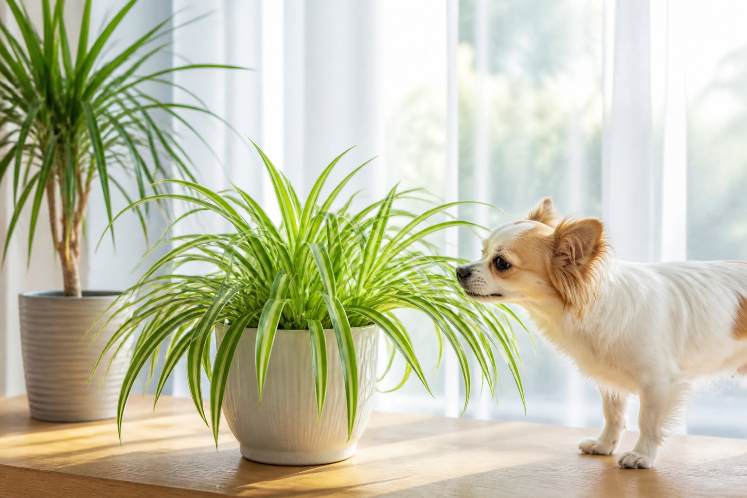 A spider plant and a dracaena plant on a table near a window with a small pet sniffing the spider plant.