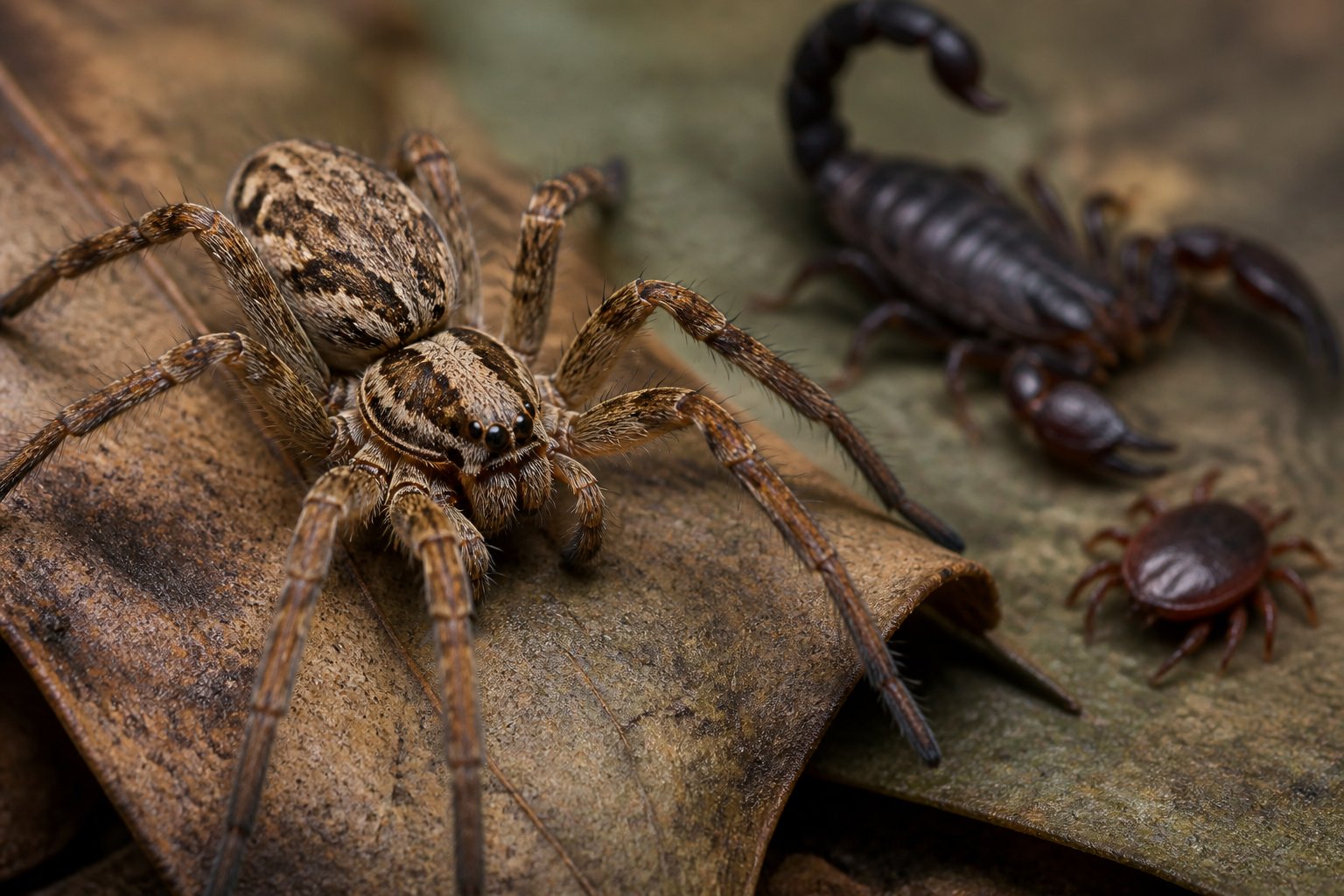 A close-up of a spider on a leaf with other arachnids visible in the blurred background.