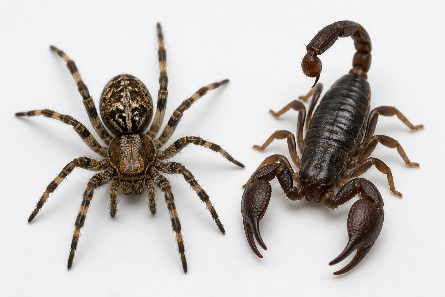 Close-up comparison of a spider and another arachnid side by side showing their body features.