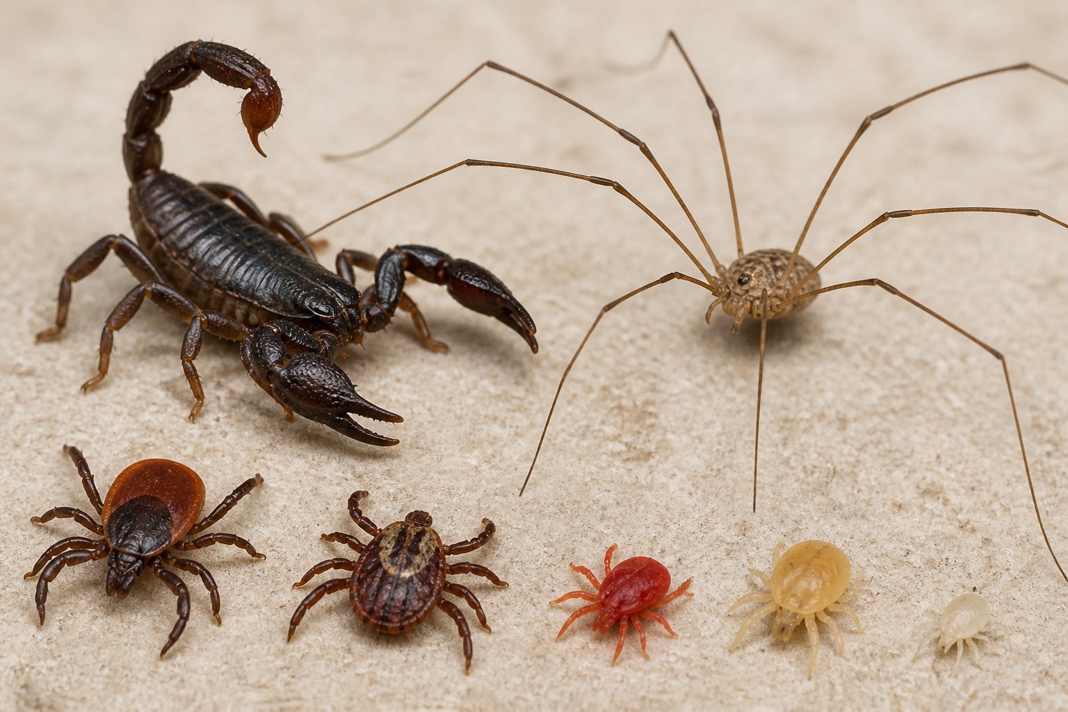 Close-up view of various arachnids including a scorpion, harvestman, tick, and mite displayed separately on a neutral background.