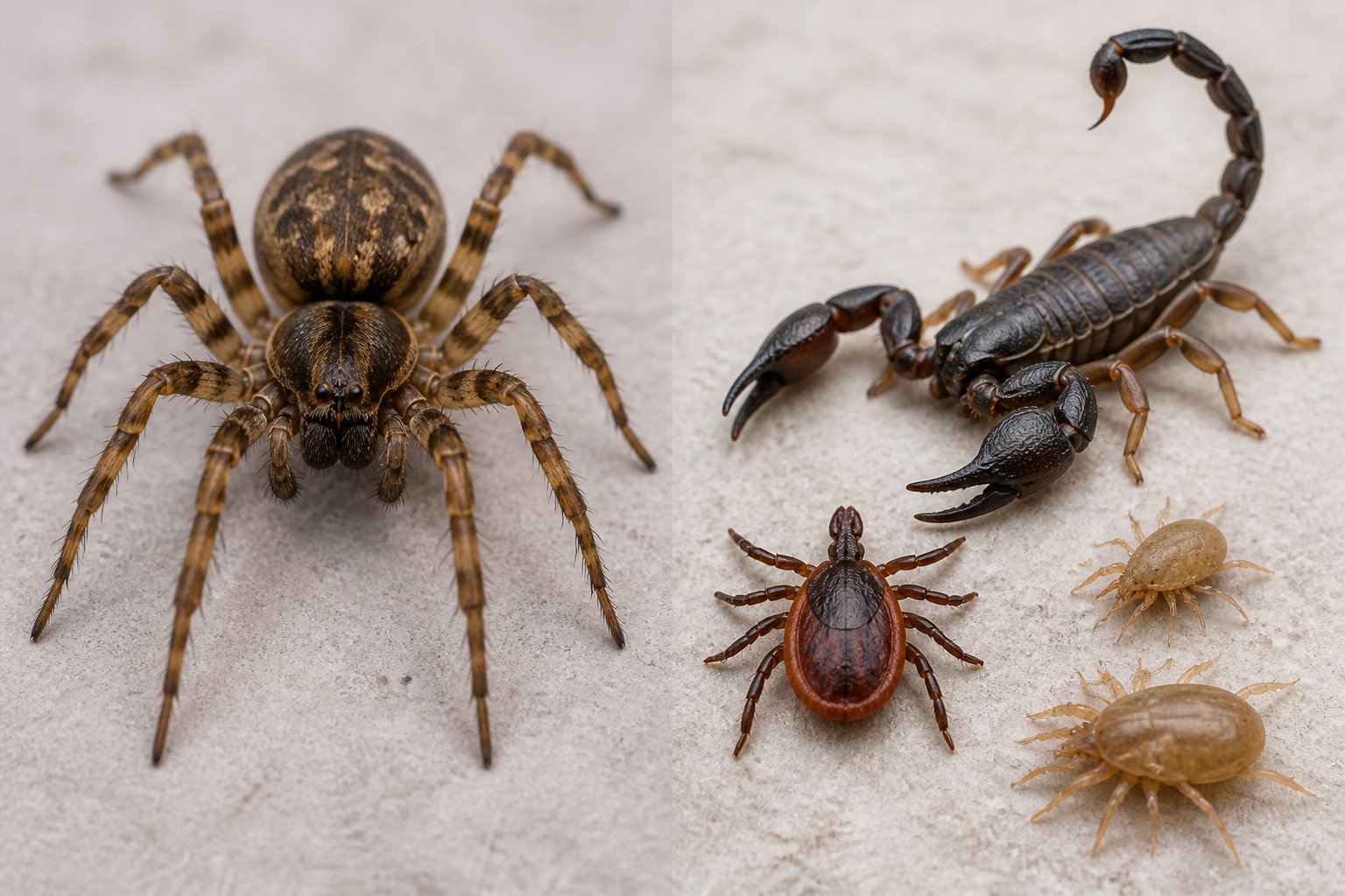 Close-up view of a spider alongside various other arachnids like scorpions and ticks on a neutral background.