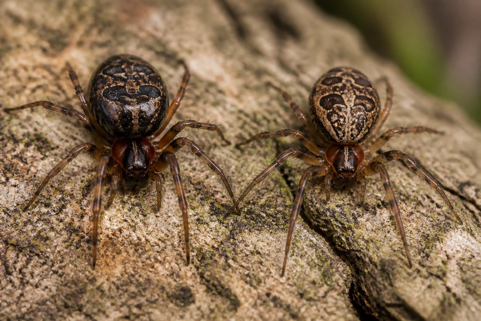 Close-up of two spiders on a natural surface, showing their detailed bodies and legs side by side.
