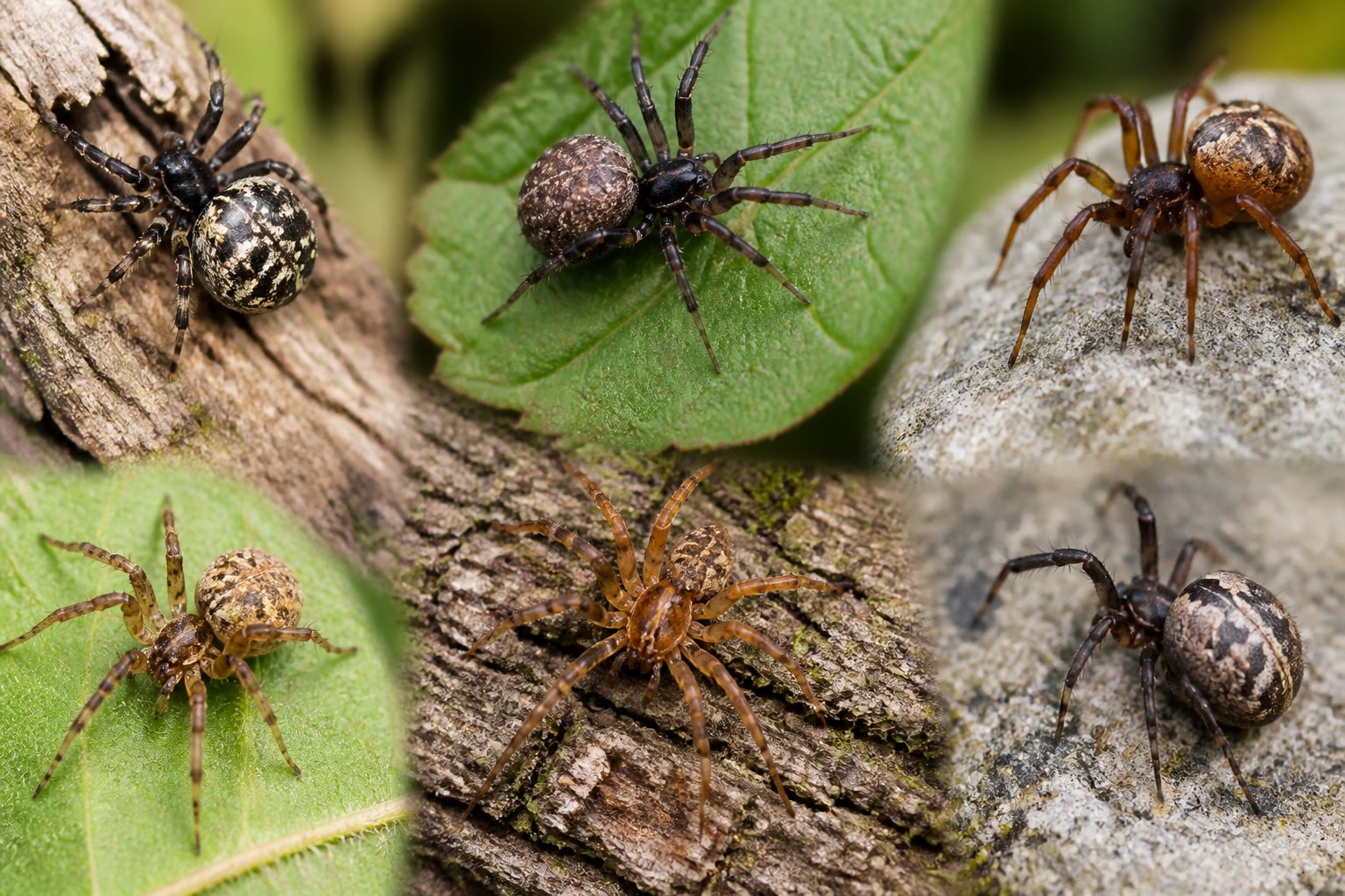 Close-up view of several UK spiders commonly mistaken for false widows on natural surfaces like leaves and wood.