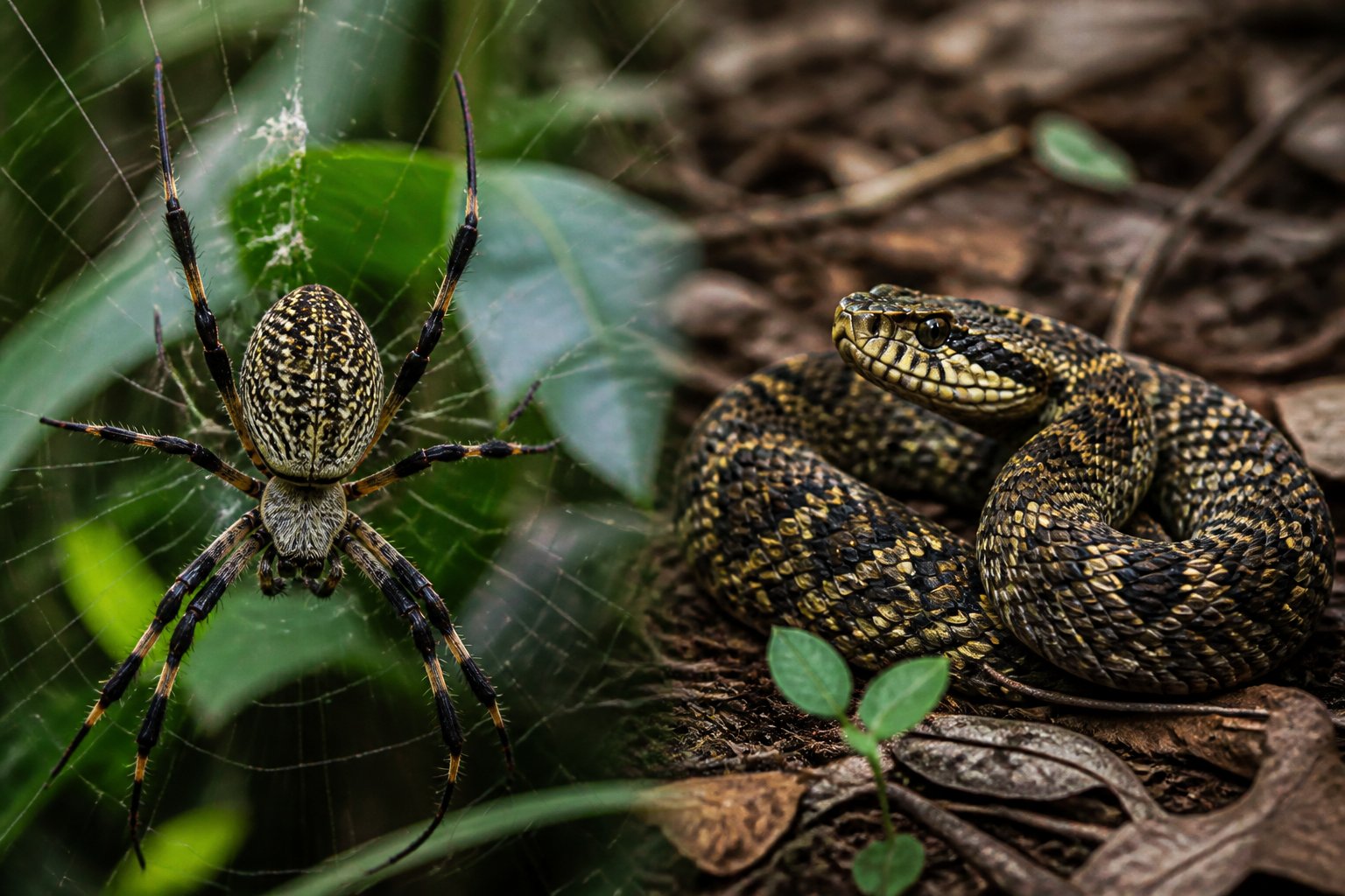 A close-up of a spider on its web and a coiled snake on the forest floor, both shown side by side in a natural outdoor setting.