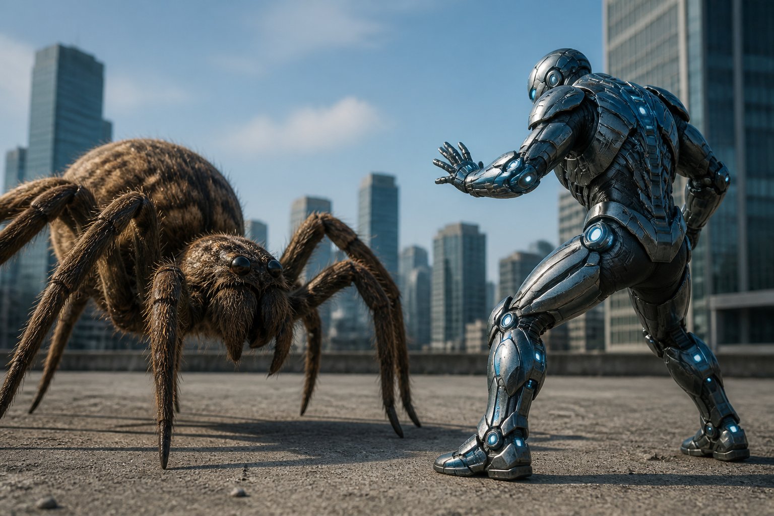 A large spider faces off against a person wearing a futuristic armored suit in an urban outdoor setting.