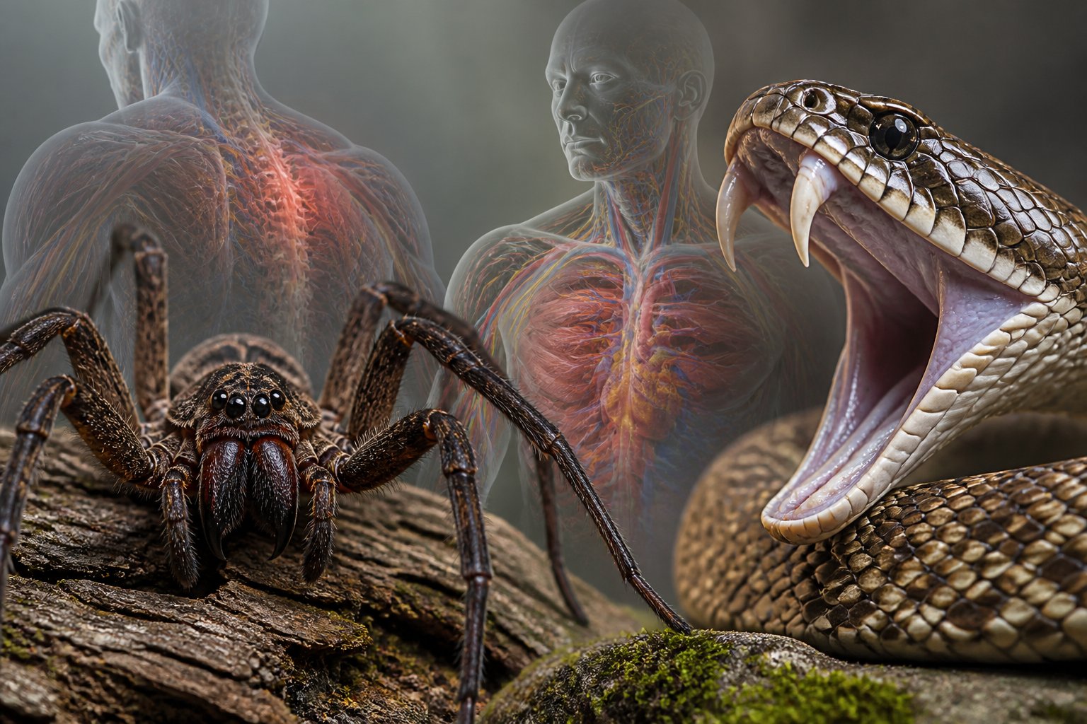 Close-up of a spider and a snake side by side with anatomical overlays showing how their venom affects the human body.