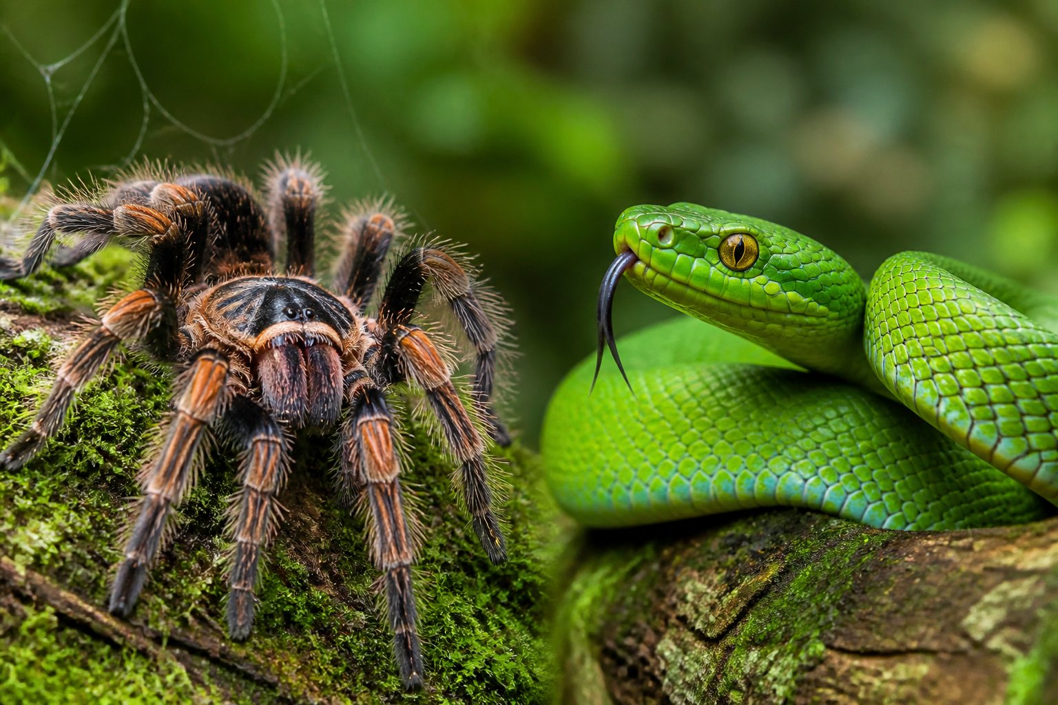 A close-up view of a colorful spider and a snake positioned side by side on natural surfaces, showing their distinctive features and textures.