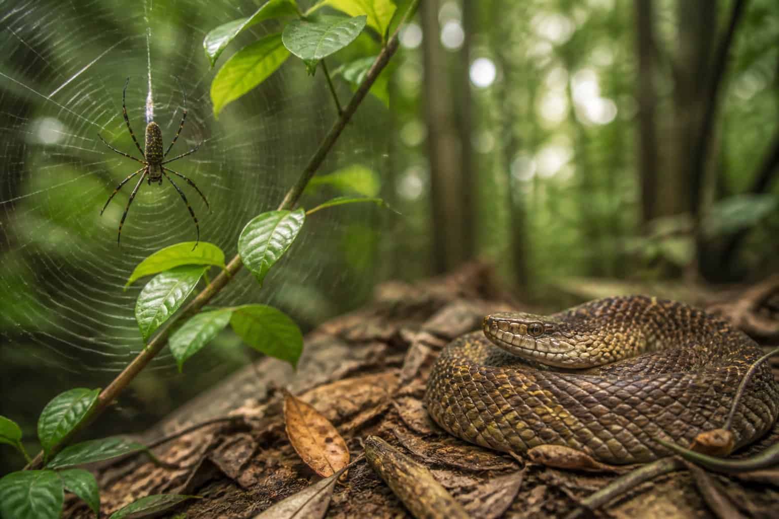 A spider weaving a web on green leaves and a coiled snake resting on the forest floor surrounded by leaves and twigs.